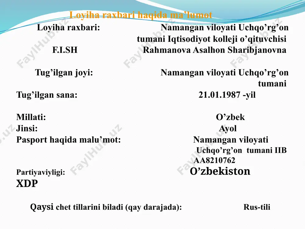 i darajali bozor narxida yoq maxsulot tan narxini chiqarish (o’quvchilar formasi ) o’lchov birligi miqdori narhi 1 dona mahsulotni tannarhi xom ashyo а)material c)zamok d)tugma e)flizirin j)ip m d d m dona 1,20 1 4 0.5 1 16000 500 250 1500 1500 19200 500 1000 750 1500 elektr energiyasi kv 5 320 1600 amortizatsiya so`m 686 ish xaqi (ish bay) so`m 4 10419 yagona ijtimoiy to`lov so`m 2 821 jami bir dona maxsulot tan narxi 38 476 maxsulot tan narxini chiqarish (ayollar) o’lchov birligi miqdori narhi 1 dona mahsulotni tannarhi хоm ashyo а)material c)gifyur d)toshlar e)frizilin j)ip m m gm m dona 2.30 0.5 0.100 0.5 1 13 000 8 000 20000 1500 1500 29 900 4000 2000 750 1500 elektr energiyasi kv 5 320 1600 amortizatsiya so`m 686 ish xaqi (ish bay) so`m 2 10419 yagona ijtimoiy to`lov so`m 2 821 jami bir dona maxsulot tan narxi 52 990 …