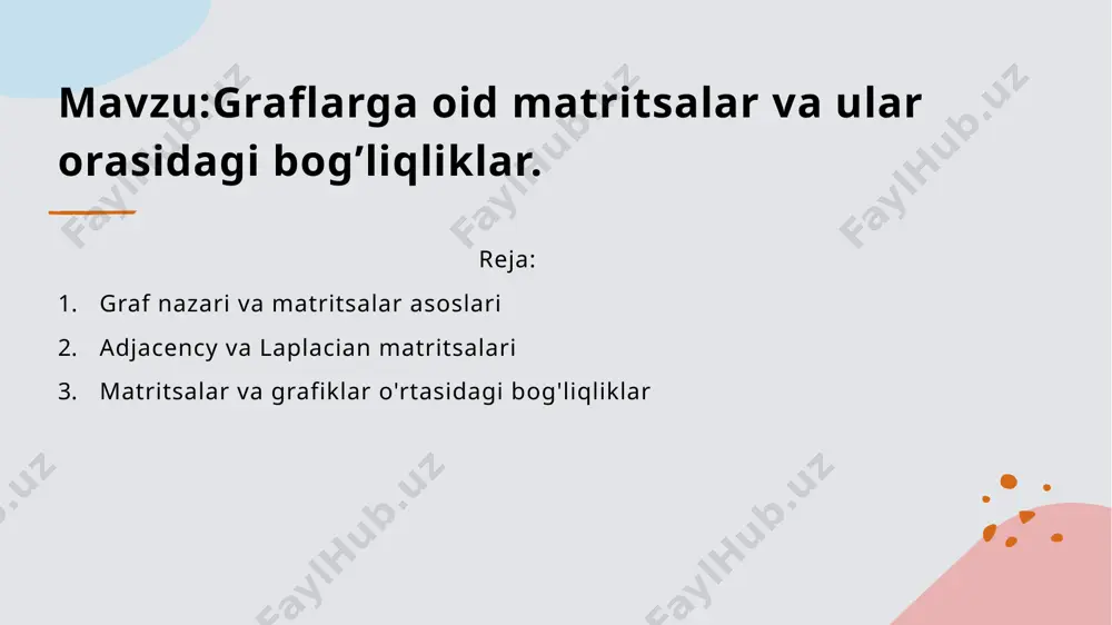 g'lanishni 1 yoki 0 bilan belgilaydi. 2 grafdagi roli adjacency matritsasi grafning strukturasini tushunishga yordam beradi. bu matritsa orqali, grafning aloqalari va o'zaro bog'liqliklarini tahlil qilish mumkin. 3 amaliyotdagi ahamiyati adjacency matritsasi tarmoq tahlili, transport modeli va ijtimoiy tarmoqlarda keng qo'llaniladi. bu, murakkab tizimlarni aniqlashda muhim rol o'ynaydi. laplacian matritsasi: xususiyatlari va qo'llanilishi. 1 laplacian matritsasining ta'rifi laplacian matritsasi, grafning tugunlari o'rtasidagi aloqalarni va ularning bog'liqlik darajasini aks ettiruvchi muhim matritsadir. 2 xususiyatlari laplacian matritsasining asosiy xususiyatlari, uning o'zgaruvchanligi, o'zaro bog'liq tugunlar soni va grafdagi ulanishlar ko'rsatkichi bilan bog'liq. 3 qo'llanilishi laplacian matritsalari tarmoq tahlili, spektral graf nazariyasi va grafning bog'liqlik darajasini o'lchashda keng qo'llaniladi. matritsalar va graf nazari: o'zaro bog'liqliklar tahlili. 1 matritsalar va graflar matritsalar, graf nazarida strukturalar va bog'lanishlarni ifodalashda muhim rol o'ynaydi, bu esa tahlil va yechimlar uchun asos yaratadi. 2 o'zaro bog'liqliklar adjacency va laplacian matritsalari o'rtasida chuqur o'zaro bog'liqliklar mavjud; bu bog'lanishlar grafning xususiyatlarini …