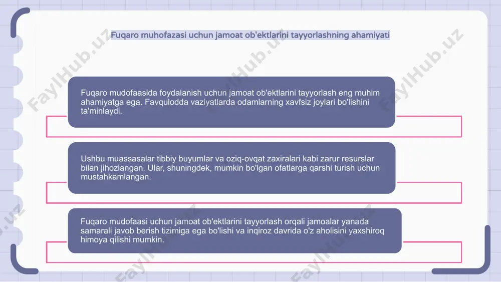 ishi kerak. 1 2 3 fuqaro mudofaasi uchun jamoat ob'ektlarini tayyorlash bo'yicha samarali strategiyalarni amalga oshirish fuqaro mudofaasiga tayyorgarlik ko'rishda jamoat ob'ektlari hal qiluvchi rol o'ynaydi. ushbu ob'ektlarning favqulodda vaziyatlarga tayyor bo'lishini ta'minlash uchun samarali strategiyalarni amalga oshirish juda muhimdir. asosiy qadamlar zaif tomonlarni aniqlash uchun muntazam baholashlarni o'tkazish, favqulodda vaziyatlar rejalarini ishlab chiqish va sinovdan o'tkazish va muassasa xodimlarini favqulodda vaziyatlarga javob berish protokollarida o'qitishni o'z ichiga oladi. ushbu chora-tadbirlarni amalga oshirish orqali jamoat ob'ektlari inqiroz davrida jamiyatni himoya qilish va qo'llab-quvvatlash uchun yaxshi jihozlanishi mumkin. fuqaro mudofaasida jamoat ob'ektlaridan foydalanish imkoniyatini ta'minlash fuqarolik mudofaasiga tayyorgarlik ko'rishda jamoat ob'ektlarini hamma uchun qulay qilish kerak. bunga ob'ektlarning nogironlarning ehtiyojlarini qondirishini ta'minlash kiradi. foydalanish imkoniyatini ta'minlash orqali jamoat ob'ektlari fuqarolik mudofaasi davrida jamiyatning barcha a'zolariga samarali xizmat ko'rsatishi mumkin. fuqaro muhofazasi bo'yicha davlat ob'ektini tayyorlash uchun kadrlarni tayyorlash va o'qitish jamoat ob'ektlarini fuqarolik mudofaasida foydalanishga tayyorlash uchun kadrlarni tayyorlash va o'qitish …