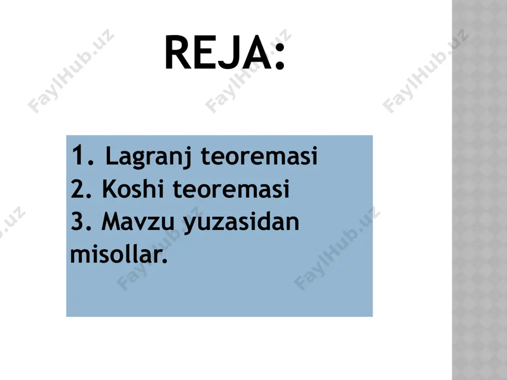 shunday c nuqta topiladiki, shu nuqtada funksiya grafigiga o‘tkazilgan urinma abssissalar o‘qiga parallel bo‘ladi. 1-eslatma. roll teoremasining shartlari yetarli bo‘lib, zaruriy shart emas. masalan, 1) f(x)=x3, x[-1:1] funksiya uchun teoremaning 3-sharti bajarilmaydi. (f(-1)=-11=f(1)), lekin f’(0)=0 bo‘ladi. x, agar 0≤x≤1, 2) f(x) = 0, agar 1 x1 bo‘lganda arctgx2-arctgx1x2-x1 ekanligini isbotlang. javoblar: 1. 4. 5. 8. 18 insert jadvali v + – ? “v”- men bilgan ma’lumotlarga mos; “-“ - men bilgan ma’lumotlarga zid; “+” – men uchun yangi ma’lumot; “?” - men uchun tushunarsiz yoki ma’lumotni aniqlash, to’ldirish talab qilinadi. teorema koshi lagranj b/bx/b jadvali bilaman bilishni xohlayman bilib oldim o‘z-o‘zini tekshirish uchun savollar roll teoremasini ayting. roll teoremasining geometrik ma’nosi nimadan iborat? lagranj teoremasini ayting. uning geometrik ma’nosi nimadan iborat? lagranj teoremasi shartlarining har biri zaruriy shart ekanligini misollarda tushuntiring. roll teoremasi lagranj teoremasining xususiy holi ekanligini ko‘rsating. foydalanilgan adabiyotlar 1. toshmetov o’., turgunbayev r., saydamatov e., madirimov m. …