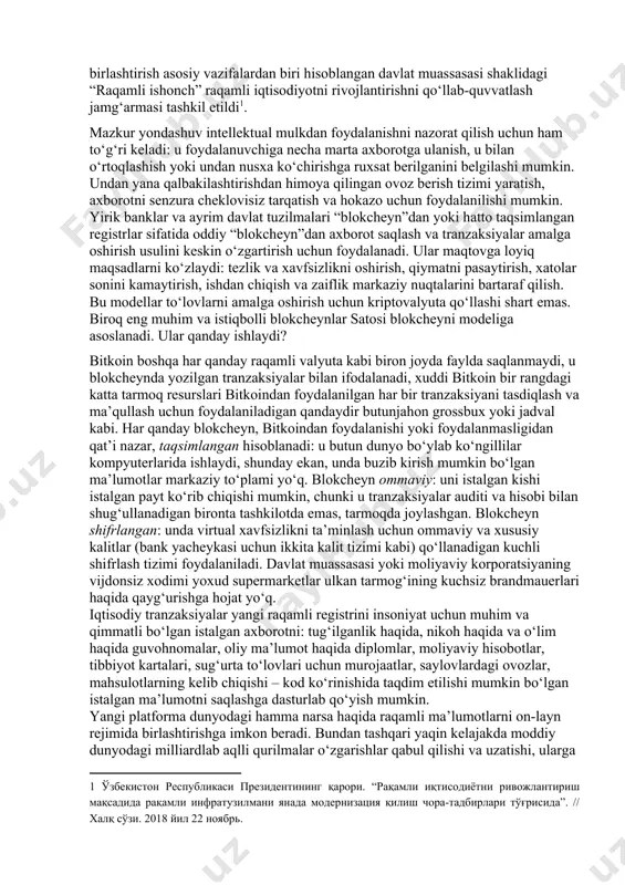 malaga kiritilishi bilan blokcheyn texnologiyasi raqamli iqtisodiyotning har qanday turini, jumladan, kompyuter kodini saqlash uchun foydalanilishi mumkin. bu kod fragmentini shunday dasturlash mumkinki, u ikkala kelishuvchi tomon o‘z kalitlarini kiritgan va shu tariqa shartnoma tuzishga rozilik bildirgan holda bajariladi. xuddi shu kod tashqi ma’lumot oqimlaridan axborot olishi (aksiyalar narxi, meteorologiya ma’lumotlari, yangiliklar sarlavhalari va kompyuter tahlil qilishi mumkin bo‘lgan boshqa narsalar) va ma’lum bir shartlar bajarilganda, avtomatik ravishda ro‘yxatdan o‘tkaziladigan shartnomalar tuzishi mumkin. ushbu mexanizm “aqlli shartnomalar” (smart-shartnomalar) deb ataladi va uni qo‘llash imkoniyatlari amalda cheklanmaydi. masalan, termoregulyatsiya intellektual tizimi energiya iste’moli haqida ma’lumotlarni intellektual elektr tarmog‘iga uzatishi mumkin. belgilangan miqdorda elektr energiyasi iste’mol qilinganda, boshqa bloklar zanjiri avtomatik ravishda kerakli summani sizning hisob raqamingizdan energetika kompaniyasi hisob raqamiga o‘tkazadi. natijada hisoblagich ishi avtomatlashtiriladi. raqamli iqtisodiyotni rivojlantirish sohasidagi, shu jumladan, blokcheyn texnologiyalarini joriy etish bilan bog‘liq loyihalarni davlatxususiy sheriklik shartlarida amalga oshirish uchun investorlarning mablag‘larini jalb qilish va birlashtirish asosiy …