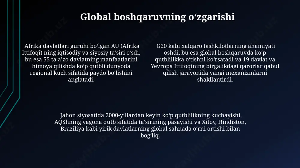 a kiberjinoyatchilik, 2022 yilda dunyo bo'ylab 500 milliard aqsh dollaridan ortiq zarar keltirgan va bu raqamlarning yaqin 5 yilda ikki baravar oshishi taxmin qilinmoqda, shu jumladan, evropa ittifoqi va janubiy amerika davlatlari ham ta'sir ko'rmoqda aqsh va xitoy o'rtasidagi savdo urushlari natijasida yuzaga kelgan global ta'minot zanjiri uzilishlari transmilliy ta'sirga ega bo'lib, 2021 yilda dunyo miqyosida 12 trillion aqsh dollaridan ortiq iqtisodiy zarar keltirgan va bu holat yaponiya va janubiy koreya kabi mamlakatlarning iqtisodiyotini salbiy ta'sir qilgan kelajak istiqbollari jahon iqtisodiyoti 2030-yilga kelib 3 ta asosiy kuch markazining – aqsh, xitoy va yevropa ittifoqining oʻzaro bogʻliqligi bilan xarakterlanadi, bu esa global boshqaruvda koʻp qutblilikning kuchayishiga olib keladi. hindiston va braziliya kabi yirik rivojlanayotgan davlatlarning 2050-yilga borib yaimda 5% dan ortiq ulushiga ega boʻlishi, global siyosatda yanada koʻproq taʼsir koʻrsatishi kutilmoqda. markaziy osiyo mintaqasida, xususan oʻzbekiston va qozogʻiston kabi davlatlarning geosiyosiy ahamiyatining ortishi, xitoy, rossiya va yevropa ittifoqi bilan oʻzaro munosabatlarini …