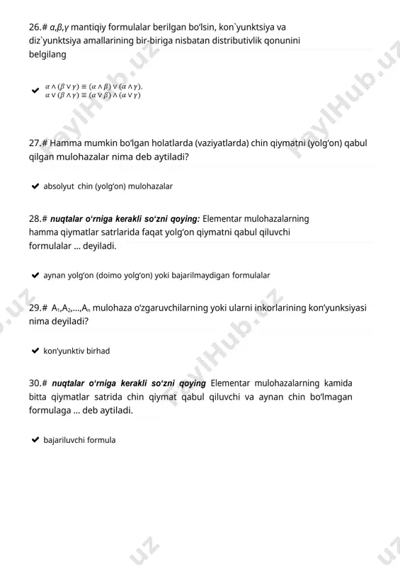 # notoʻgʻri tushunchani aniqlang “va” bogʻlovchisiga mos keluvchi mantiqiy amalga dezunksiya amali deb aytaladi 12. “yoki-emas” mantiqiy elementini pirs strelkasi deb ham yuritiladi, u inventorlangan “yoki”ni amalga oshiradi 13. # berilgandan qirralarning (yoylarning) bir qismini olib tashlash orqali olingan graf nima deyiladi? qism graf 14. # implikatsiyasi deb nimaga ataladi? faqat x chin va y yolgʻon boʻlgandagina yolgʻon boʻlib, qolgan hamma hollarda chin qiymatni qabul qiladigan mulohazaga 15. # mantiqiy formulalar berilgan boʻlsin, 0 va 1 uchun qaysi qonunlar oʻrinli? 09.01.2024, 10:27 2-oraliq nazorat | hemis student axborot tizimi https://student.fbtuit.uz/test/result/377048 3/6 α→β≡ ⌐ β → ⌐ α, ⌐ 1≡0, ⌐ 0≡1 16. # nuqtalar oʻrniga kerakli soʻzni qoying: elementar mulohazalarning hamma qiymatlar satrlarida faqat chin qiymatni qabul qiluvchi formula ... deb ataladi. aynan chin (doimo chin) formula yoki tavtologiya 17. # a1,a2,…,an mulohaza oʻzgaruvchilarning yoki ularni inkorlarining konʼyunksiyasi nima deyiladi? konʼyunktiv birhad 18. # notoʻgʻri mulohazani toping har bir yoydan …