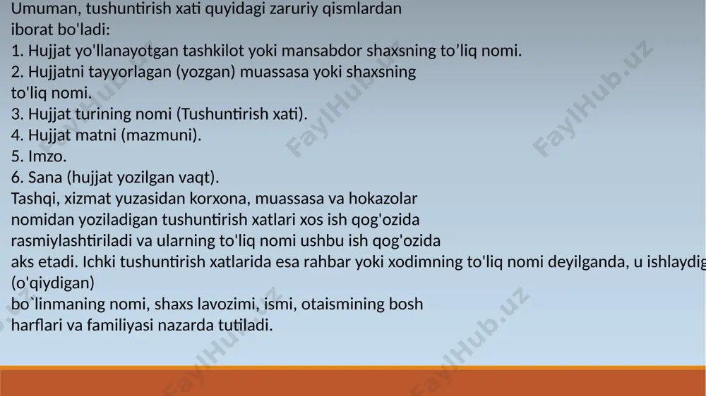 bo'lsa, faqat birinchi sahifa bosma ish qog'ozida, qolgan betlari esa oddiy qog'ozda yoziladi. yig'ilish o'tkazilgan kun bayonnomaning sanasi hisoblanadi. muntazam ish ko'ruvchi organlar bayonnomasining tartib raqami kalendar yili bo'yicha izchil davom etadi. majlis bayonnomasida qatnashuvchilar ro'yxati berilganda, doimiy a'zolar va taklif etilganlar familiyasi alohida-alohida alifbo tartibida qayd etiladi. taklif etilganlar soni 15 kishidan oshmasa, ularning familiyasini, qavs ichida esa ish joyini ko'rsatish kerak. kengaytirilgan majlislarda ishtirok etuvchilarning soni ko'rsatiladi va qatnashuvchilar ro'yxati majlis bayonnomasiga ilova qilinadi. majlis bayonnomasi kirish va asosiy qismdan iborat bo'lib, kirish qismi kun tartibi bilan tugaydi. kun tartibidan so'ng ikki nuqta qo'yilib, ko'riladigan masalalar tartib raqami bilan beriladi. har qaysi masala alohida satrdan yoziladi. ularning o'zaro tartibi masalaning dolzarbligi va muhimligiga qarab belgilanadi. majlis bayonnomasida kun tartibini bosh kelishikda ifodalash va bosh (katta) harflar bilan yozish kerak. kun tartibidagi masalalarni bayon qilishda ma'ruzachining ismi, familiyasi, lavozimini alohida jumla bilan yozish maqsadga muvofiqdir. ba'zan kun tartibining oxirgi …