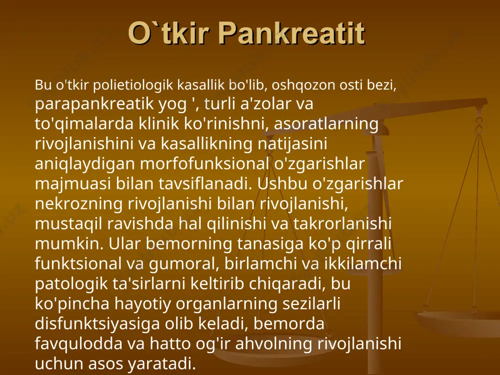 adqiqotlari, drenajlar orqali chiqarilgan ekssudat, nekrotik sekvestr, yiring. * instrumental tashxislash ko'krak va qorinning rentgenologik tekshiruvi qorin bo'shlig'i va retroperitoneal bo'shliqning ultratovush tekshiruvi qorin bo'shlig'i va retroperitoneumning kompyuter tomografiyasi egds (katta o'n ikki barmoqli ichak papillasini majburiy tekshirish bilan) * utt tekshiruvida o'tkir pankreatit, halokatli shakli. oshqozon osti bezi hajmining oshishi, konturlarning xiralashishi, oshqozon orqa devori va oshqozon osti bezi orasidagi masofaning oshishi. o'tkir pankreatit, halokatli shakli. oshqozon osti bezining atrofdagi to'qimalardan farqlanishi buziladi, chunki bezning exogenligi atrofdagi to'qimalarning exogenikligiga teng * кт ko`rinishi katta fokal pankreatik nekrozi. * кт ko`rinishi subtotal pankreonekroz kt mrt mayda o`choqli pankreonekroz * pankreatit va pankeonekroz vaqtida oshqozon osti bezida infektsiyasining kirish yo`llari mikroorganizmlarning yo'g'on ichakdan ko'chirilishi boshqa manbalardan gematogen infektsiya (pnevmoniya, angiogen infektsiya) transperitoneal infektsiya (infektsiyalangan ekssudat, nozokomial infektsiya) transbiliar yo'l (o't yo'llari orqali)o'n ikki barmoqli ichakdan (pankreatik kanal orqali) * pankreonekrozning asorati pankreatogen shok poliorgan etishmovchiligi og'ir sepsis (infektsiyalangan pankreatik nekroz, pankreatogen …