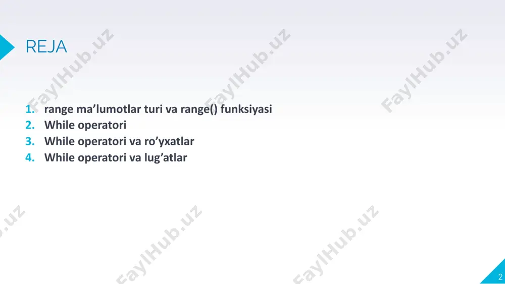 e operatori keling sodda misol ko'ramiz, while yordamida 5 gacha sanaymiz: son = 1 # son ga 1 qiymatini beramiz while son >> yuoqridagi dasturimiz toki foydalanuvchi exit deb yozguniga qadar takrorlanaveradi. 11 while operatori yuqoridagi dasturda dasturni to'xtatish uchun yagona shartni tekshirdik (qiymat!='exit'), katta dasturlarda bir emas bir nechta shartlarni tekshirish, va ulardan biri bajarilgan taqdirda dasturni to'xtatish talab qilinishi mumkin. bunday holatlarda biror o'zgaruvchidan ishora (flag) sifatida foydalanishimiz mumkin. agar dastur bajarilishi davomida dasturni to'xtatish shartlaridan biri bajarilganda ishora o'zgaruvchining qiymatini o'zgartiramiz va dastur o'z-o'zidan to'xtaydi. 12 while operatori print("kiritilgan sonning kvadratini qaytaruvchi dastur.") savol = "istalgan son kiriting " savol += "(dasturni to'xtatish uchun 'exit' deb yozing): " ishora = true while ishora: qiymat = input(savol) if qiymat == 'exit': ishora = false else: print(float(qiymat)**2) 13 while operatori kiritilgan sonning kvadratini qaytaruvchi dastur. istalgan son kiriting (dasturni to'xtatish uchun 'exit' deb yozing): 12 144.0 istalgan son kiriting …