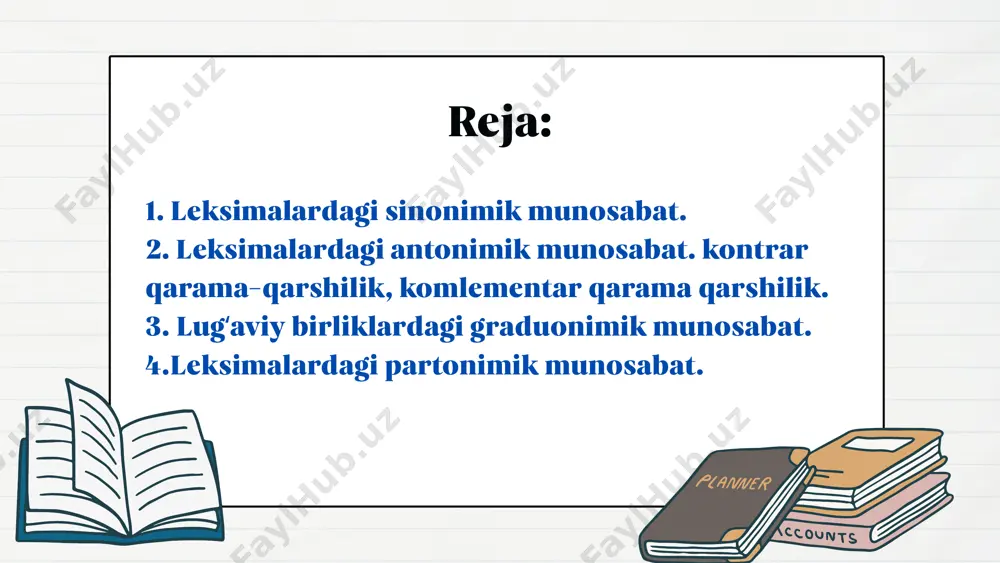 lmg — leksik ma’no guruhlari bu tushuncha so‘zlarning ma’nolariga qarab guruhlarga bo‘linishini anglatadi. tavsifi: ma’nosi o‘xshash yoki bir xil mavzuga tegishli so‘zlarning umumiy guruhi. misol: tabiat: daraxt, gullar, o‘rmon, daryo. uy-ro‘zg‘or: stul, stol, choynak, idish. 2. lmt — leksik ma’no turlari so‘zlarning semantik xususiyatlariga ko‘ra ma’nolarining turlari: tavsifi: asosiy ma’no: so‘zning eng oddiy va tushunarli ma’nosi (masalan, qush — uchadigan jonzot). ko‘chma ma’no: so‘zning majoziy ma’nosi (masalan, qush — ozodlik ramzi). kontekstual ma’no: so‘zning matn yoki vaziyatga qarab oladigan ma’nosi. 3. lmm — leksik ma’no munosabatlari so‘zlarning bir-biri bilan semantik bog‘lanishini bildiradi. bu munosabatlar sinonimiya, antonimiya, giperonimiya va giponimiya kabi turlarni o‘z ichiga oladi. misollar: sinonimlar: tez – chaqqon – epchil. antonimlar: issiq – sovuq. giperonim-giponim: transport – mashina, avtobus, samolyot. leksik paradigmalarning asosiy turlari: 1. sinonimlar paradigmasi o‘xshash ma’noga ega so‘zlar birligi. masalan: chiroyli — go‘zal, latofatli, husndor. 2. antonimlar paradigmasi bir-biriga qarama-qarshi ma’nodagi so‘zlar. masalan: yaxshi — yomon, …