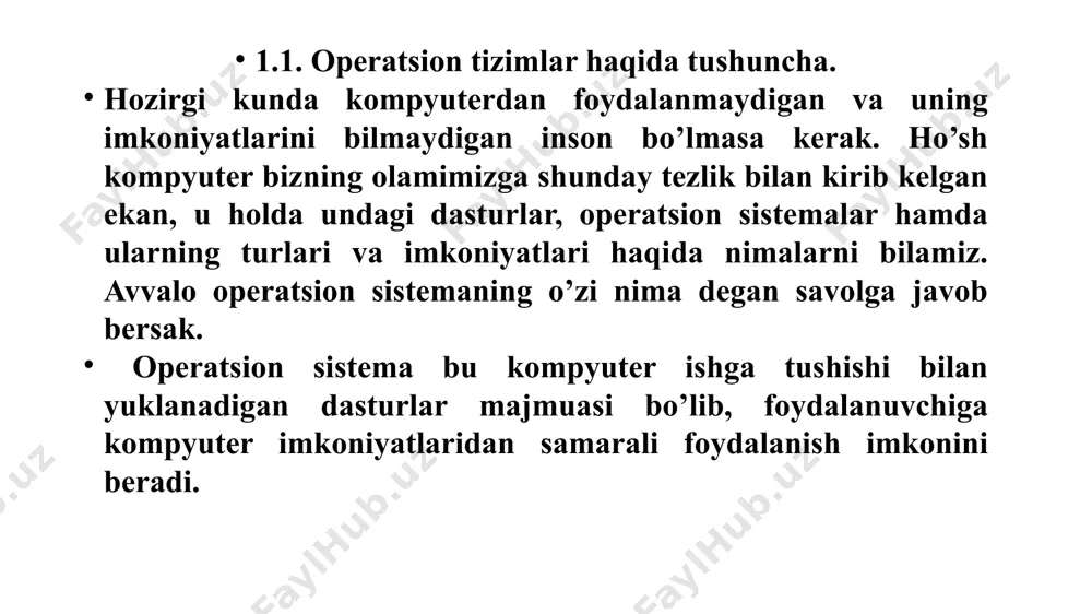 i kerak edida). bu ishlarni hozirgi kunda osongina hal qilish mumkin, chunki ko'p ishlarni engillashtirishga qaratilgan dasturlar (foydalanuvchiga yordamchi dasturlar) majmui ishlab chiqilgan va u amaliy masalalarni hal qilishda qo'l kelmoqda ehmning tashqi qurilmalari (klaviatura, printer, diskyurituvchi va boshqalar)ni qo'llamoqchi bo'lsangiz, har safar ana shu qurilmalar bilan aloqani tiklovchi, ularni boshqaruvchi maxsus dastur tayyorlashingiz kerak. shuningdek qurilmalar ishlashi bilan bog'liq turli ishlarni nazorat qilishingiz lozim bo'lar edi. demak, "yordamchi" dasturlarning xizmati beqiyos ekan. ta`kidlash lozimki, kompyuterlarning texnikaviy holatiga ko'ra, ulardagi operatsion sistemalar turlicha bo'ladi, shunday bo'lsada, ularning vazifasi yagona - ichki va tashqi qurilmalarning birgalikda ishlashini ta`minlashdan iborat. ehm "dasturli ta`minoti", "texnik ta`minoti" va " operatsion sistema" o'rtasidagi uzviy bog'lanishni quyidagicha ifodalash mumkin. dasturli ta`minot o'z vazifalarini bajarishda tashqi qurilmalarni apparatli ("vositaviy") asos sifatida ishlatsa, operatsion sistema dasturli ta`minot amallarini dasturli asos sifatida ishlatadi. bajaradigan vazifalaridan qat`iy nazorot, operatsion sistema quyidagi sifatlarga ega bo'ladi: ishonchlilik. sistema o'zi boshqarayotgan kompyuter qurilmalari …
