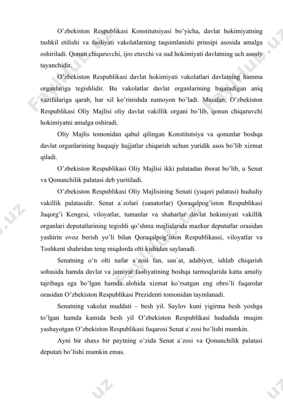 monidan tayinlanadi. senatning vakolat muddati – besh yil. saylov kuni yigirma besh yoshga to’lgan hamda kamida besh yil o’zbekiston respublikasi hududida muqim yashayotgan o’zbekiston respublikasi fuqarosi senat a`zosi bo’lishi mumkin. ayni bir shaxs bir paytning o’zida senat a`zosi va qonunchilik palatasi deputati bo’lishi mumkin emas. senat a`zosi daxlsizlik huquqidan foydalanadi. u senatning roziligisiz, senat majlislari oralig’idagi davrda esa, senat kengashining roziligisiz jinoiy javobgarlikka tortilishi, ushlab turilishi, qamoqqa olinishi yoki sud tartibida beriladigan ma`muriy jazoga tortilishi mumkin emas. senat a`zosining vakolatlari qonunda nazarda tutilgan hollarda va tartibda muddatidan ilgari tugatilishi mumkin. senat a`zolari senatda doimiy asosda ishlovchi senatorlarning soni senatorlar umumiy sonining to’rtdan birigacha bo’lgan miqdorda belgilanadi. ular senatorlik vakolatlari davrida ilmiy va pedagogik faoliyatdan tashqari haq to’lanadigan boshqa turdagi faoliyat bilan shug’ullanishlari mumkin emas. senatning mutlaq vakolatlari jumlasiga quyidagilar kiradi; 1. senat raisini va uning o’rinbosarlarini, qo’mitalarning raislarini va ularning o’rinbosarlarini saylash; 2. o’zbekiston respublikasi prezidentining taqdimiga binoan o’zbekiston respublikasi …