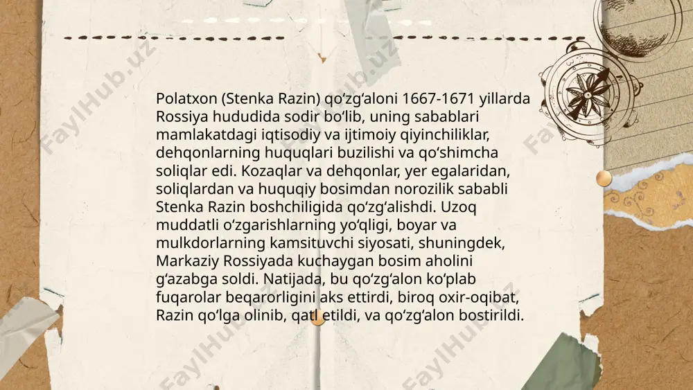 sida polatxon (muhammad ali) muhim rol o‘ynagan. u, xalqning bunday noroziligiga rahbarlik qilib, xonlik siyosatini tanqid qilgan. qo‘zg‘alonchilar orasida muhammad amin, rahmatulloh va yusufbeklar kabi shaxslar ham alohida ajralib turadi. polatxon boshchiligidagi isyonchilar xonlikning zamindorlar va etnik ozchilik guruhlarining manfaatlarini himoya qilishga harakat qilishgan. bu qo‘zg‘alon, xonlikdagi ijtimoiy va iqtisodiy tengsizliklarga qarshi kurashning ramzi sifatida tarixda qoldi. ... t.me/slaydai_bot 13. polatxon qozg‘aloni haqida yozma manbalar polatxon qoʻzgʻaloni 1680-yillarda buxoro xonligida yuz bergan muhim ijtimoiy-siyosiy voqealardan biridir. qoʻzgʻalonning asosiy sababi ogʻir iqtisodiy sharoit va zulmga qarshi norozilik edi. polatxon, hujumlarni boshlagan qoʻzgʻalon yetakchisi, aholini buxoro hukumatiga qarshi birlashtirdi. voqealar natijasida buxoroning turli hududlarida janglar sodir boʻldi. qoʻzgʻalonning asosiy vaqti 1685—1686-yillar oraligʻida boʻlib oʻtdi. tarixiy yozuvlarda ushbu qoʻzgʻalon haqida koʻplab ma'lumotlar saqlangan boʻlib, bu voqea buxoro xonligining tarixi va ijtimoiy oʻzgarishlariga katta ta'sir koʻrsatgan. polatxon qozgaloni dilrabo dadamirzayeva e'tiboringiz uchun raxmat! image1.png image2.png image3.png image4.jfif image5.png image6.jfif image7.jfif image8.jfif image9.jfif /docprops/thumbnail.jpeg