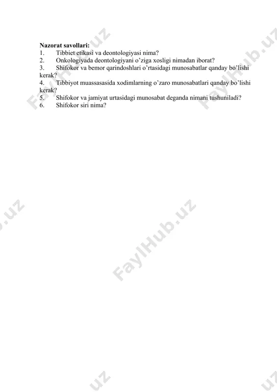 rxonalari vakillarini o’z ichiga oladigan tibbiy muassasalarda vasiylik kengashlarini tashkil etish zarur. o’z navbatida, tibbiy muassasalar korxonalar xodimlarini davolash va diagnostika qilish bo’yicha majburiyatlarni oladi. tibbiy xodimlarning korporativ etikasini, shifoxonada har xil mutaxassislardan tashkil topgan jamoa ishlashini, tibbiyot muassasasining ijobiy baxolanishi barcha xodimlarning yaxshi nomidan kelib chiqishini unutmaslik kerak. tibbiy xodimlarning o’zini tutish qoidalari. tibbiy xodimlarning o’zini tutishi quyidagi umumiy qoidalardan iborat bo’lishi mumkin: 1. tibbiyot xodimlari did bilan, tartibli kiyingan bo’lishi kerak; 2. sochni tibbiy qalpoq tagiga yig’ib olish kerak 3. tirnoqlar kalta olingan bo’lishi kerak; 4. ortiqcha kosmetika va taqinchoqlarga yo’l qo’ymaslik kerak; 5. parfyumlardan foydalanishni cheklash kerak, ayniqsa o’tkir xidli bo’lganlarni (sub’ektiv yoqimsiz xissiyotlarga qo’shimcha ravishda, bemorda allergik reaktsiyani rivojlanishi, bronxial astma xuruji va boshqalarga sabab bulishi mumkin bulganlarni); 6. tibbiy xodim o’zining yuz ifodasini, suhbat va xatti- harakatlarning uslublarini doimo nazorat qilishi juda muhim; shifokor o’zini mexribon va xotirjam tutishi bemorning ruxiga ijobiy ta’sir ko’rsatadi va …