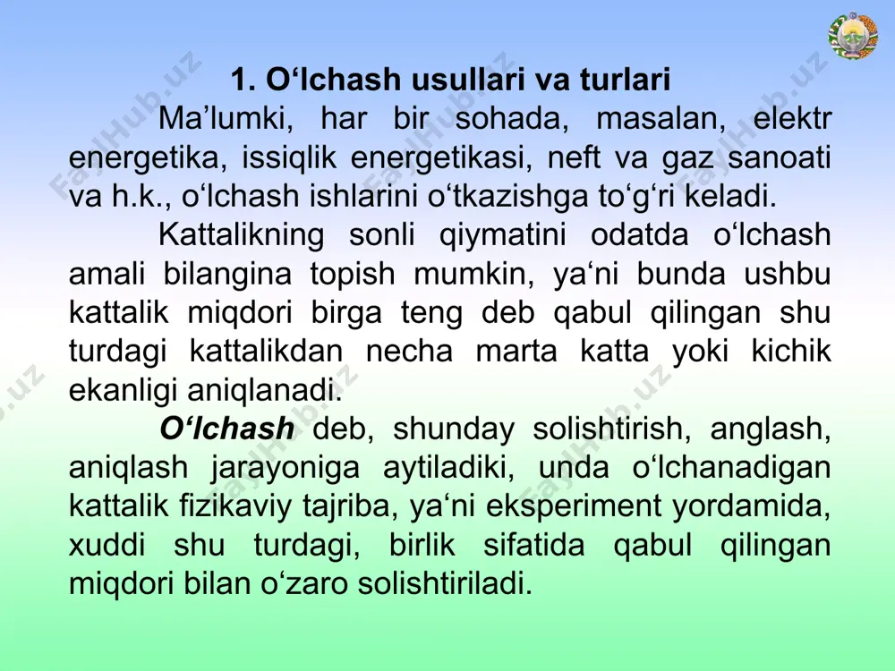 ttalikning taqqoslash asbobiga ta‘siri natijasini nolga keltirish lozim bo‘ladi. masalan, elektr qarshiligini qarshiliklar ko‘prigi bilan to‘la muvozanatlashtirib o‘lchash. o‘rindoshlik usuli – o‘lchov bilan taqqoslash usulining turi hisoblanib, o‘lchanayotgan kattalikning o‘lchov orqali yaratilgan ma‘ lum qiymatli kattalik bilan o‘rin almashishiga asoslangan. misol, o‘lchanadigan massa bilan tarozi toshini bir pallaga galma – gal qo‘yib o‘lchash yoki qarshiliklar magazini yordamida tekshirilayotgan rezistorning qarshiligini topish. mos kelish usuli – o‘lchov bilan taqqoslash usulining turi. o‘lchanayotgan kattalik bilan o‘lchov orqali yaratilgan kattalikning ayirmasini shkaladagi belgilar yoki davriy signallarni mos keltirish orqali o‘tkaziladigan o‘lchash. masalan, kalibr yordamida val diametrini moslash. 2. o‘lchash vositalari va ularning turlari ma’lumki, o‘lchashni biror bir vositasiz bajarib bo‘lmaydi. o‘lchash vositalarining turlari xilma – xil. ular sodda yoki murakkab, aniqligi katta yoki kichik bo‘lishi mumkin. o‘lchash vositalari meyorlangan metrologik xossalarga ega bo‘lishlari lozim va bu metrologik xossalar davriy ravishda tekshirilib turiladi. o‘lchash amalida o‘lchanayotgan kattalikning qiymati to‘g‘ri aniqlanishi aynan mana shu o‘lchash …