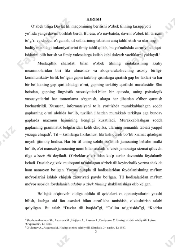 ligini oshirishdir. bularni amalga oshirish uchun o‘quvchilarni til hodisalari haqida o‘ylashga, fikrlashga, mulohaza qilishga muhokama yuritishga, xulosa chiqarishga o‘rgatadigan samarali metod va usullardan foydalanish talab etiladi. yangi mavzuni tushuntirishda til materialini kuzatish, tahlil qilish, uning muhim belgilarini aniqlash, taqqoslash, guruhlash va umumlashtirish usullaridan foydalanildi[footnoteref:4]. [4: ne'matov h., bozorov o. til va nutq. "o‘qituvchi", t.: 1993. ] kurs ishining dolzarbligi: o‘zbek tilining sintaktik qurilishida kesim va uning o‘zbek tilshunosligidagi tadqiqilarni o‘rganish masalasi atroflicha ishlanishni talab qiluvchi, nazariy va amaliy qimmati katta bo‘lgan dolzarb masalalaridandir. kurs ishining maqsadi: ushbu kurs ishini yozishda kesim va uning o‘zbek tilshunosligidagi tadqiqi o‘rgatish asosiy maqsad qilib belgilandi. kurs ishining vazifalari: kurs ishining mavzusidan kelib chiqqan holda kesim va uning o‘zbek tilshunosligidagi ahamiyatini tadqiq etish, ishlatilishini rejalar asosida batafsil o‘rganish. kurs ishining amaliy tuzilishi: ushbu kurs ishi kirish, 2 bob, xulosa , foydalanilgan adabiyotlardan iborat bo‘lib, 32 betni tashkil etadi. i bob. kesim va uning ifodalanishi 1.1. …