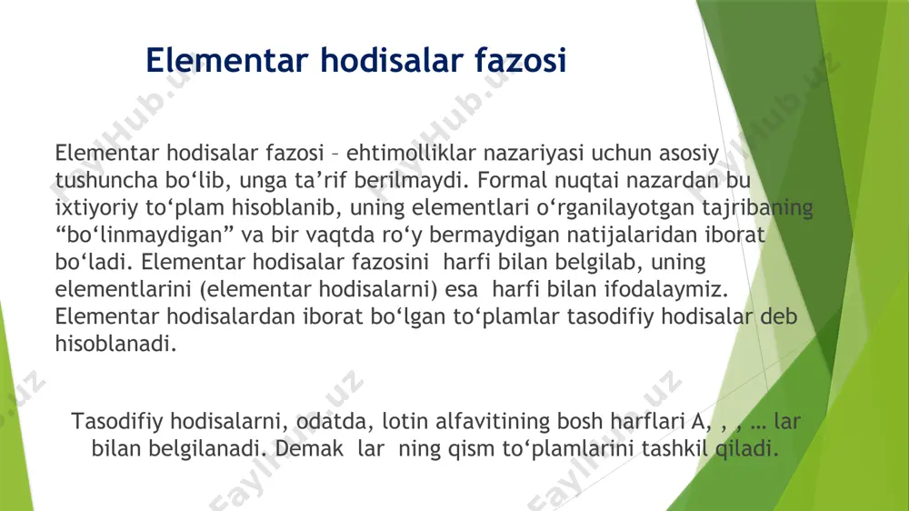, lar shularga o‘хshash hodisalar bo‘ladi. bu holda va , hodisalar bir-biridan mantiqan farq qiladi. 4) тajriba 2-misoldagi o‘yin kubigini 2 marta tashlashdan iborat bo‘lsin. bu holda elementar hodisalar ushbu ko‘rinishga ega: bu yerda – tangani ikki marta ham “gerb” tomoni bilan tushish hodisasi, – birinchi marta “raqam” tomoni, ikkinchi marta esa “gerb” tomoni bilan tushish hodisasi va qolgan , lar shularga o‘хshash hodisalar bo‘ladi. bu holda va , hodisalar bir-biridan mantiqan farq qiladi. tasodifiy hodisalar ustida amallar. 1. agar a hodisani tashkil etgan elementar hodisalar hodisaga ham tegishli bo‘lsa, u holda a hodisa hodisani ergashtiradi deyiladi va kabi belgilanadi (1-rasm) 2. agar va , ya’ni a hodisa ni, va aksincha, hodisa esa ni ergashtirsa, u holda a va hodisalar teng kuchli deyiladi va kabi belgilanadi. 3. a va hodisalarning yig‘indisi deb shunday c hodisaga aytiladiki, bu hodisa a va hodisalarning kamida bittasi ro‘y berganda ro‘y beradi va (yoki ) …