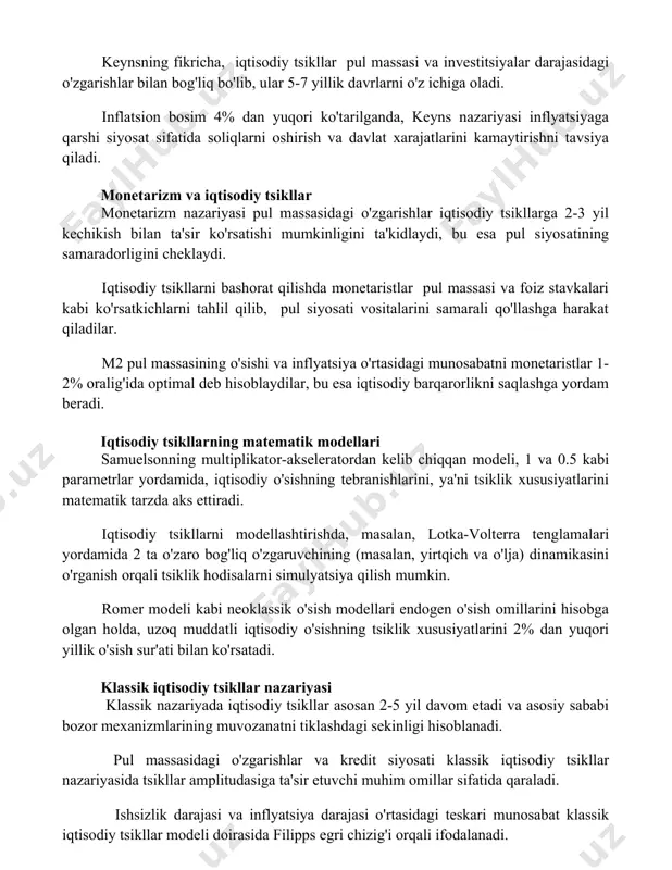 llik davrlarni o'z ichiga oladi. inflatsion bosim 4% dan yuqori ko'tarilganda, keyns nazariyasi inflyatsiyaga qarshi siyosat sifatida soliqlarni oshirish va davlat xarajatlarini kamaytirishni tavsiya qiladi. monetarizm va iqtisodiy tsikllar monetarizm nazariyasi pul massasidagi o'zgarishlar iqtisodiy tsikllarga 2-3 yil kechikish bilan ta'sir ko'rsatishi mumkinligini ta'kidlaydi, bu esa pul siyosatining samaradorligini cheklaydi. iqtisodiy tsikllarni bashorat qilishda monetaristlar pul massasi va foiz stavkalari kabi ko'rsatkichlarni tahlil qilib, pul siyosati vositalarini samarali qo'llashga harakat qiladilar. m2 pul massasining o'sishi va inflyatsiya o'rtasidagi munosabatni monetaristlar 1-2% oralig'ida optimal deb hisoblaydilar, bu esa iqtisodiy barqarorlikni saqlashga yordam beradi. iqtisodiy tsikllarning matematik modellari samuelsonning multiplikator-akseleratordan kelib chiqqan modeli, 1 va 0.5 kabi parametrlar yordamida, iqtisodiy o'sishning tebranishlarini, ya'ni tsiklik xususiyatlarini matematik tarzda aks ettiradi. iqtisodiy tsikllarni modellashtirishda, masalan, lotka-volterra tenglamalari yordamida 2 ta o'zaro bog'liq o'zgaruvchining (masalan, yirtqich va o'lja) dinamikasini o'rganish orqali tsiklik hodisalarni simulyatsiya qilish mumkin. romer modeli kabi neoklassik o'sish modellari endogen o'sish omillarini …