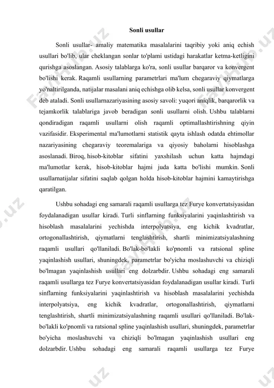 rtiriladi. minimallashtirish masalalarini echishning raqamli usullari sirtni tez tushish usullaridan (maqsad funktsiyasini minimallashtirish) kelib chiqadi, masalan, tez tushish usullari, gradient, umumiy gradient va eng tez tushish usullari, mumkin bo'lgan va konjugat yo'nalishlar usuli va boshqalar. hisoblash matematikasida tegishli turdagi masalalarni yechish uchun sonli usullardan foydalaniladi. hisoblash matematikasi - matematikaning hisob-kitoblarni bajarish va kompyuterlardan foydalanish bilan bog'liq bir qator masalalarni o'z ichiga olgan bo'limi. aniqroq aytganda, hisoblash matematikasi tipik matematik muammolarni yechishning sonli usullari nazariyasidir. sonli usullarva hisoblash matematikasi masalalari sinflari quyidagilarga bo'linadi: 1) chiziqli tenglamalarni yechish; 2) matritsaning xos qiymatlari va vektorlarini topish; 3) yagona qiymatlar va matritsa vektorlarini topish; 4) nochiziqli algebraik tenglamalar va ularning sistemalarini sonli yechish; 5) nochiziqli algebraik tenglamalar sistemalarini sonli yechish; 6) differensial tenglamalar va tizimlarning sonli yechimi (oddiy differensial tenglamalar ham, qisman hosilali tenglamalar ham); 7) differensial tenglamalar sistemalarini sonli yechish; 8) integral tenglamalarni sonli yechish; 9) funksiyalarni yaqinlashtirish masalalari; 10) funksiyalarni interpolyatsiya qilish …