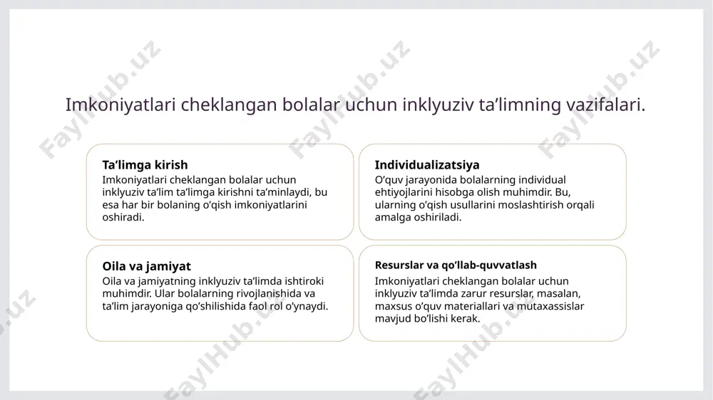 klar, video materiallar va ko‘rgazmali usullar, o‘quvchilarning tushunishini kuchaytiradi va darslarni yanada samarali qiladi. xulosa 1 inklyuziv taʼlimning roli inklyuziv taʼlim, imkoniyati cheklangan bolalarning oʼqish va rivojlanish imkoniyatlarini oshiradi, jamiyatda tenglik va adolatni taʼminlaydi. 2 rivojlanish strategiyalari oʻzbekistonda inklyuziv taʼlimni rivojlantirish uchun samarali strategiyalar, oʼquv dasturlarini moslashtirish va malakali pedagoglar tayyorlashni talab qiladi. 3 hamkorlik va resurslar taʼlim tizimidagi hamkorlik va jamoatchilik ishtiroki inklyuziv taʼlimni amalga oshirishda muhim ahamiyatga ega, resurslarni toʼgʼri taqsimlash zarur. foydalanilgan adabiyotlar 1. mukhammedova, sh. x. inklyuziv taʼlimning nazariy asoslari va amaliyotda qoʻllanilishi. oʻzbekiston fanlar akademiyasi, 2022 2. toshmurodova, n. oʻzbekistonda imkoniyati cheklangan bolalar uchun inklyuziv taʼlim tizimi. oʻzbekiston milliy universiteti, 2023 3. jumayev, a. inklyuziv taʼlim va uning o'zbek ta'lim tizimidagi o'rni. ta'lim va innovatsiyalar jurnali, 2021 4. mamatqulov, a. inklyuziv taʼlim strategiyalari: oʻzbekiston tajribasi. xalqaro ta'lim konferensiyasi, 2023 5. abdullayeva, g. oʻzbekistonda imkoniyati cheklangan bolalar uchun taʼlim imkoniyatlari va muammolari. oʻzbekistondagi ta'lim muammolari, 2022 …