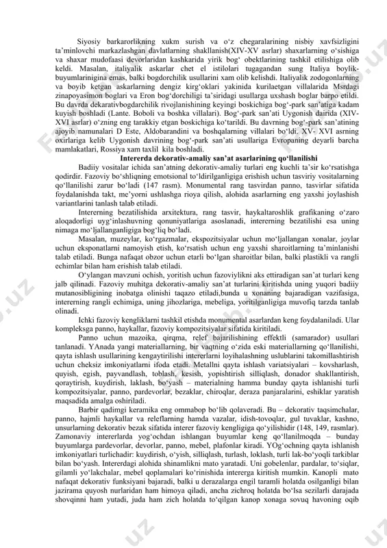 shlab chiqilgan bo‘lib, u er saxroda yam-yashil voxalarni yaratishiga imkon bergan etarlicha murakkab sug‘orish sistemalari ishlab chiqilgan edi. hukmdorlar va koxinlar yulduzlarni o‘rganishgan. qishlok xo‘jaligi va bog‘dorchilik qadimgi misrda juda kuchli rivojlandi, uning ko‘pchiligini misrliklar shumero-akadion madaniyatidan o‘zlashtirilgan edi. eramizdan 3-2 ming yil ilgari misr dunyoning etakchi madaniyat uchogi edi. eramizgacha 2-miningchi yillarda loxarda, derel, baxerda, abu-simbelda va karnakda yirik kasrlar bunyod etilgan edi. ular pog‘onali bog‘lar barpo etilib, ularda xurmo, anjir, uzum va nilufar etishtirilar edi. eramizdan avvalgi 2-ming yillikning oxirida fors madaniyati paydo bo‘ldi. forsiya (eron) - chinor, bodom, shaftoli, olxuri, pista va atirgullar vatanidir. axmoniylarning birinchi rasm asoschisi kir (bizning eragacha 6 asrning birinchi yarmi) forsiyaning mashxur bog‘i - chor bog‘ bo‘lib, u kuruq iqlimli mamlakatlarda juda qadrli xisoblangan suvni tejab ishlatishning namunasi edi. forsiya ellini madaniyatining rivojlanishiga kata ta’sir ko‘rsatdi. eramizgacha bo‘lgan 14 asrda kanofon tomonidan etishtirilgan simmetrik o‘tkazilgan daraxtlar o‘sib turgan sitsiyadagi grek kasrining ichidagi …