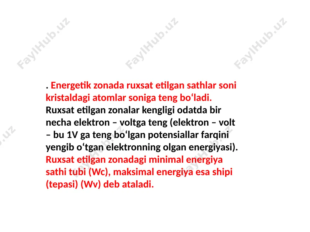 anlik elektronlari yoki erkin zaryad tashuvchilar deb ataladilar. quyidagi ruxsat etilgan zona valent zona deb ataladi. ³ ektronikada keng qo‘llaniladigan yarim o‘tkazgichlarning ta’qiqlangan zona kengliklari wt (ev) quyidagiga teng: germaniy uchun – 0,67, kremniy uchun – 1,12 va galliy arsenidi uchun -1,38. dielektriklarda ta’qiqlangan zona kengligi wt2 ev, metallarda esa ruxsat etilgan zonalar bir – biriga kirib ketgan bo‘ladi, ya’ni taqiqlangan zona mavjud emas. yuqoridagi ruxsat etilgan zona o‘tkazuvchanlik zonasi deb ataladi, ya’ni mos energiyaga ega bo‘lgan elektronlar, tashqi elektr maydoni ta’sirida yarim o‘tkazgich hajmida harakatlanishlari mumkin, bunda ular elektr o‘tkazuvchanlik yuzaga keltiradilar. o‘tkazuv- chanlik zonasidagi biror energiyaga mos keladigan elektronlar o‘tkazuvchanlik elektronlari yoki erkin zaryad tashuvchilar deb ataladilar. quyidagi ruxsat etilgan zona valent zona deb ataladi. image1.wmf oleobject1.bin absolyut nol temperaturada (0 k) yarim o‘tkazgichning valent zonasidagi barcha sathlar elektronlar bilan to‘lgan, o‘tkazuvchanlik zonasidagi sathlar esa elektronlardan holi bo‘ladi. 2.xususiy elektr o‘tkazuvchanlik yarim o‘tkazgichli elektronika maxsulotlarining deyarli 97 % …