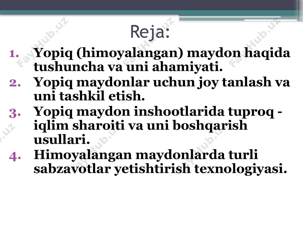 chlar. chodirsimon sinchlar nishabi ikki tomonlama bo‘ladi. ular to‘sin brusdan stropil tayanchlaridan tuzilgan. tayanchlarni tuproq yuzasiga joylab ustidan to‘sin tortiladi. sinchlarning tepasiga plyonka yopiladi, uning chekkalariga tuproq tortiladi yoki yog‘och bobinalarga mahkamlanadi. chodirsimon sinchlar yengil romlar holida quriladi, ularning ustidan plyonka tortiladi. romlarni tutashtirib o‘rnatiladi, ostki chekkasini tuproqqa kirgiziladi. qatorga joylangan bunday panellar eni 80-100 sm, balandligi 40-60 sm va xohlagan uzunlikda chodir hosil qiladi. tonellarning uchki tomonlari uchburchak romlarga berkitiladi. 5 parniklar. usti yopilgan ekin o‘stiriladigan kichik gabaritli chuqurchalardan iborat bo‘lib, tuprog‘i bilan qopqog‘i o‘rtasidagi oraliq (balandlik) past bo‘lgani tufayli, unga tashqaridan turib xizmat qilinadi. shuning uchun havo yomg‘irsiz, sovuqsiz paytlardagina parniklarda ishlash mumkin. parniklar doimiy va ko‘chma, yer usti va chuqurda joylashgan, biologik, texnik va quyosh nuri yordamida isitiladigan, tomi bir, ikki nishabli, foydalanishiga qarab ertagi, o‘rtagi va kechki bo‘ladi. 6 teplitsalar (issiqxonalar). ekin o‘stiriladigan inshootlarning eng samarali turi bo‘lib, ularda zamonaviy vositalar yordamida o‘simliklar uchun eng qulay …