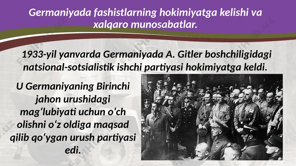 bilan sssr o‘rtasidagi urush muqarrar bo‘lib, g‘arbiy yevropaning egallanishini gitler o‘zining asosiy rejasi – sharqqa yurish uchun tayyorgarlik sifatida qarayotgan edi 1941-yili 22-iyunda germaniya sssrga bostirib kirdi. germaniyaning hujumi sssr uchun kutilmaganda yuz berganligi i.stalinning eng yirik xatolaridan biri bo‘ldi. nemis bombardimonidan yashiringan sovet bolalari. 1941-yil, iyul. antigitler koalitsiyaning tuzilishi. germaniya sssrga hujum boshlashi bilan buyuk britaniya bosh vaziri u. cherchill va aqsh prezidenti f.d. ruzvelt sovetlar bilan birdamligini e’lon qildi. antigitler koalitsiya. urush davri plakati. 1941-yil avgustda aqsh va buyuk britaniya urush payti va undan keyingi hamkorlik tamoyillari to‘g‘risida deklaratsiyani – atlantik xartiyani imzoladi. urushning borishi. 1941-yil dekabrda nemis qo‘shinlari moskva ostonalarida jangni boy berdi va urushdagi dastlabki jiddiy mag‘lubiyatga uchradilar. ammo ularning hujumkorlik ruhi hali sindirilmagan edi. frontga kuzatish. rossiya. germaniyaning taslim bo‘lishi. 1945-yil 16-apreldan 2-maygacha berlin operatsiyasi amalga oshirilib, shu vaqt ichida uchinchi reyxning poytaxti o‘rab olindi va shturm bilan zabt etildi. reyxstag ustida sovetlarning qizil bayrog‘i …