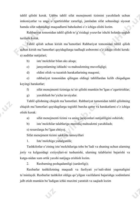 ilganda tizim sifatida tashkilot o’z maq-sadlariga erishishida uning natijaliligi va samarasiga xissa qo’shadi. 6. doimiy yaxshilash; tashkilotning faoliyatini doimiy yaxshilashga uzgarmas maksad deb karalishi lozim 7. dalillarga asoslangan karorlarni kabul kilish; samarali karorlar ma’lumotlarni va axborotlarni taxlil etishga asoslanadi. 8. etkazib beruvchilar bilan o’zaro manfaatli muno-sabatlar.tashkilotlar va ularning etkazib beruvchilari o’zaro bog’liq bo’ladi va o’zaro manfaatli munosabatlar ikkala tomonning moddiy boylik yaratish imkoniyatlarini oshiradi. sifat menejmenti tizimini hujjatlashtirish jarayoni va hujjatlarini joriy etish qoidalari va tartibi. sertifikatlashtirishning qonuniy va me’yoriy bazasi. o’zbekiston respublikasi oliy majlisi tomonidan sertifikatlashtirish masalalari bo’yicha qabul qilingan qonunlar: o’zbekiston respublikasining «mahsulot va xizmatlarni sertifikatlashtirish to’g’risida»gi qonuni; o’zbekiston respulikasining «standartlashtirish to’g’risida»gi qonuni; o’zbekiston respublikasining «oziq-ovqat mahsulotlari sifati va xavfsizligi to’g’risida»gi qonuni; o’zbekiston respublikasining «iste’molchilar xukukini ximoya kilish to’g’risida»gi qonuni; o’zbekiston respublikasining «o’simliklarni karantini to’g’risida»gi qonun; o’zbekiston respublikasining «reklama to’g’risida»gi qonuni va xokazolar. sertifikatlashtirish va sifatni boshqarishning qonuniy va me’yoriy asoslari. har qanday faoliyat yoki yo’nalish nima maqsadni …
