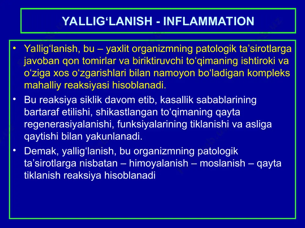 ng ichki dvigatellari hisoblanadi 1. alterasiya, bu – yallig‘lanish o‘chog‘ida distrofik va nekrotik o‘zgarishlarning ustun turishidir. (misol: gangrenoz angina, kazeoz pnevmoniya). 2. ekssudasiya, bu – yallig‘lanish o‘chog‘ida mso‘ tomirlar reaksiyasi, o‘tkazuvchanligining oshishi, plazma va qon tanachalari chiqib ekssudat paydo bo‘lishidir. (1. mso‘ reaksiyasi → 2.qonning reologik xususiyati buzilishi → 3. mso‘ devori o‘tkazuvchanligi oshishi → 4. qon tanachalarining emigrasiyasi → 5. fagositoz → 6. ekssudat va yallig‘lanish infiltrati paydo bo‘lishi). 3. proliferasiya, bu – yallig‘lanishning yakunlovchi, shikastlangan to‘qimaning qayta tiklanishiga yo‘naltirilgan fazasi hisoblanadi. morfologiyasi – gistiositar va gematogen hujayralarning ko‘payishi. yalligʻlanishning morfologik belgilari yallig‘lanishli kasalliklarni nomlashda, a’zo yoki to‘qimaning lotincha yoki yunoncha nomiga “it” qo‘shimchasi qo‘shib nomlanadi. misol: plevrit, nefrit, gingivit. ayrim a’zolar kasalliklari maxsus nomlar bilan ataladi: masalan: “angina” – bo‘g‘ilish; “pnevmoniya”, “empiyema”, “furunkul”. kechishi bo‘yicha: o‘tkir va surunkali yallig‘lanish. yallig‘lanish o‘chog‘ida qaysi bir morfologik o‘zgarishning ustun turishiga qarab: 1. alterativ, 2.ekssudativ va 3.proliferativ yallig‘lanishlar farq qilinadi. yalligʻlanishning nomlanishi …