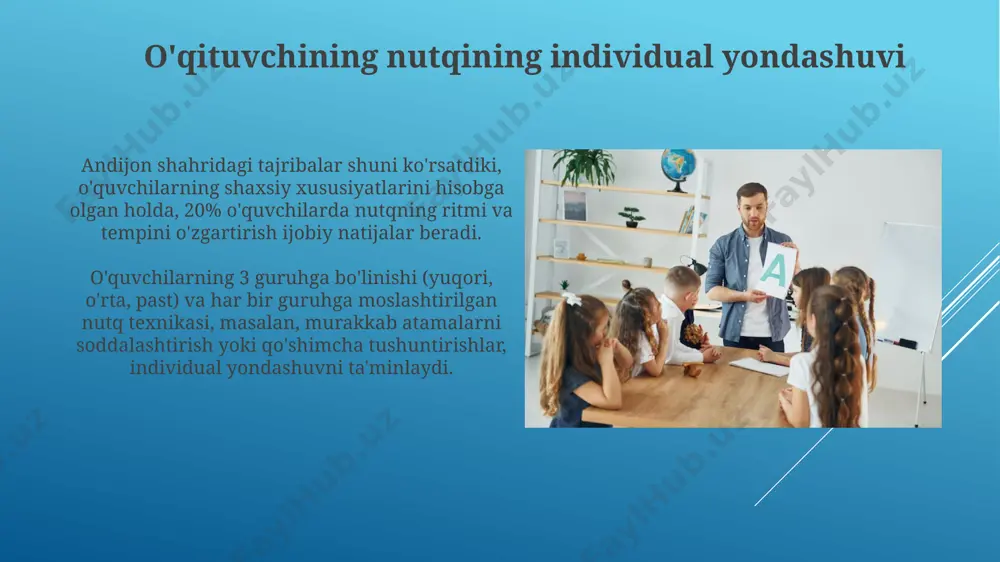 yuqori boʻlishini isbotladi. oʻqituvchining nutqining taʼsirchanligi 50% ga yaqin tilning aniqligi va 30% ga yaqin intonatsiya va ohangning mos kelishiga bogʻliq boʻlib, samarqanddagi tadqiqotlar shuni koʻrsatdi. e'tiboringiz uchun rahmat @taqdimot_robot image1.jpg image2.jpg image3.jpg image4.jpg image5.jpg image6.jpg image7.jpg image8.jpg image9.jpg