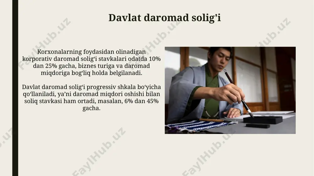 zlari sifatida daromad solig'i bo'yicha 50% gacha bo'lgan chegirmalar taqdim etiladi, bu ularning iqtisodiy rivojlanishiga yordam beradi. ilmiy-tadqiqot va texnologiyalarni rivojlantirishga yo'naltirilgan kompaniyalar maxsus soliq imtiyozlaridan, jumladan, investitsiyalarning 30% gacha bo'lgan qismini amortizatsiya qilish huquqidan foydalanishlari mumkin. janubiy koreya soliq tizimining umumiy ko'rinishi soliq yili 1-yanvardan 31-dekabrgacha davom etadi va shaxslar va korxonalar yillik daromadlari bo'yicha soliq deklaratsiyasini topshirishlari shart, bu esa soliq majburiyatlarini aniqlashga yordam beradi. janubiy koreya soliq tizimi progressiv soliq stavkalariga asoslangan bo'lib, daromadning yuqori qismi uchun 45% gacha soliq solinadi, past daromadli shaxslar esa ancha past stavkalar bilan soliqlanadi. soliq maslahatlari va yordami milliy soliq xizmati veb-saytida soliq hisobotlarini to'ldirish bo'yicha batafsil qo'llanmalar, video darsliklar va 24/7 ishlaydigan onlayn yordam xizmati mavjud. soliq to'g'risidagi maslahatlarni 1300 dan ortiq soliq maslahatchilaridan, shu jumladan sertifikatlangan xalqaro soliq mutaxassislaridan olish mumkin. soliq tizimining kelajagi soliq tizimining raqamlilashuvi 2025 yilga borib, barcha soliq toʻlovlarining 90%ini onlayn tarzda amalga oshirishni maqsad …