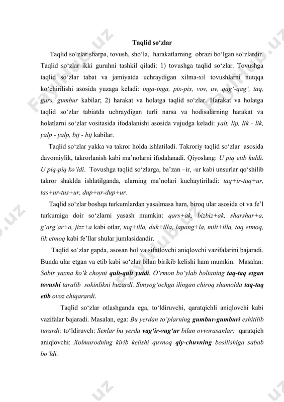 dning kirib kelishi quvnoq qiy-chuvning bosilishiga sabab bo‘ldi. 1. adabiyotlar 2. м.мирзаев, с.усмонов, и.расулов узбек тили. т., «укитувчи» 1978. 3. ш. шоабдурахмонов, м.аскарова, а.хожиев, и.расулов, , х.дониёров хозирги њзбек адабий тили. т., «укитувчи» 1980. 4. м.ирскулов тилшуносликка кириш. т., «укитувчи» 1992. 5. а.баскаков, а. содиков, а.абдуазизов умумий тилшунослик. т., «укитувчи» 1981. 6. х.неъматов, о.бозоров тил ва нутк. т., «укитувчи» 1993. 7. у.турсунов, ж.мухторов, ш.рахматуллаев хозирги њзбек адабий тили.. 1-кисм. т., «укитувчи» 1979. 8. n. turniyozov a.rahimov o‘zbek tili (ma’ruzalar matni) 9. www.ziyonet.uz