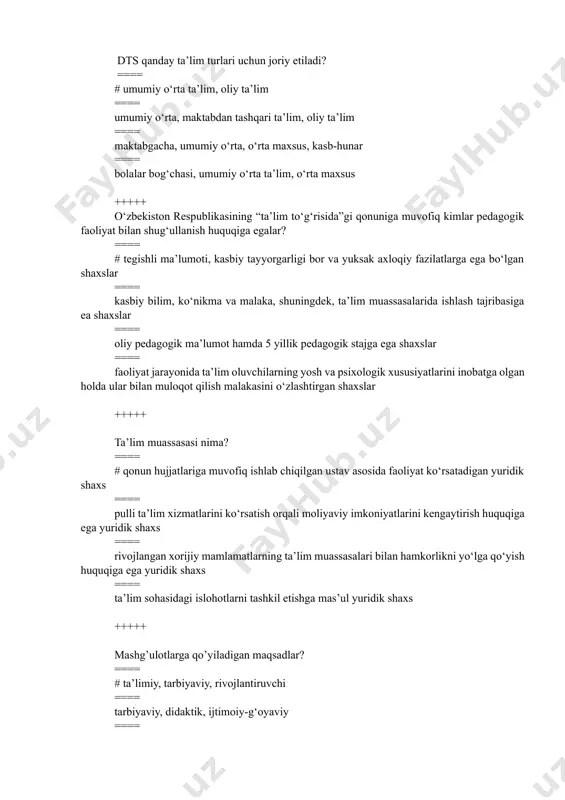iy pedagogika +++++ fanning asosiy kategoriyalari qaysi javobda to`g`ri berilgan? ==== # tarbiya, o‘qitish, bilim olish (ma’lumot), rivojlanish ==== tarbiya, ta’lim, ma’lumot, shakllantirish ==== ta’lim, ma’lumot, shaxs, muloqot ==== ma’lumot, shaxs, ta’lim, rivojlantirish +++++ ta’limning mazmuni qanday manbalarda aks ettiriladi? ==== # ta’limning mazmuni: o’quv rejalarida, dasturlarida va darsliklarda aks ettiriladi ==== o’quv rejasida va darsliklarda aks ettiriladi ==== ta’limning mazmuni o’quv materiallarda aks ettiriladi ==== ta’limning mazmuni darsliklarda aks ettiriladi +++++ pedagogik tajriba tashkil etilish sharoitiga ko‘ra qanday guruhlarga ajratiladi? ==== # tabiiy tajriba, laboratoriya tajribasi, tajriba ishi ==== evristik tajriba, ijodiy tajriba, innovatsion tajriba ==== individual tajriba, guruh tajribasi, jamoaviy tajriba ==== laboratoriya tajribasi, amaliy tajriba, individual tajriba +++++ insonning biologik mohiyatini o‘zida aks ettiruvchi tushunchani aniqlang? ==== # individ ==== sub’ekt ==== shaxs ==== inson +++++ individ kim? ==== # xatti-harakatlarni shartli reflekslar asosida tashkil etuvchi biologik mavjudot ==== xatti-harakatlarni ongli boshqarish imkoniyatiga ega bo‘lmagan biologik mavjudot …