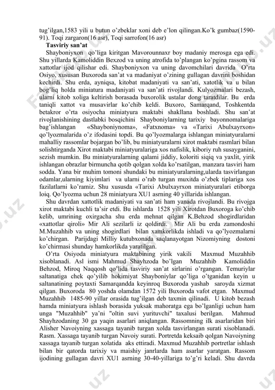 davrda toshkentdagi xazrati imom me’moriy majmuasiga asos solindi, al bakr kafali shoshiy (1541-42) majmualari barpo etildi. xonlik memorligining ikkinchi bosqichi xvi asrning 60-90 yillarga to’g’ri keladi. abdullaxon ii boshqargan bu davrda buxoro va undan tashqarida ham katta qurilishlar olib borildi, mavjudlari ta’mirlanib yirik majmualarga aylantirildi. shu davrda buxoroda poi kalon jome machiti, madarixon(1566-67) va abdullaxon(1588-90), ko’kaldosh(1557-98) madrasalari, labi xovuz me’moriy majmuasi vujudga keldi. shu yillarda buxorodan tashqarida ham shunday majmualari yaratildi. jumladan toshkentda ko’kaldosh madrasasi qad ko’tardi. uni toshkent xokimi ko’kaldosh qurdirgan edi. xuddi shu nomdagi buxorodagi ko’kaldosh madrasasini esa abdullaxon p ning sarkardasi qulbobo ko’kaldosh qurdirgan). chor bakr me’moriy majmuasi(1559) ham davrning yirik qurilmalaridandir. abdullaxon p mablag’iga bu erda xonakoh, masjit va madrasalar barpo etilgan. qurilmalar obodonlashtirilib atrofi chorbog’ga aylantirilgan. shu davrda katta suv inshoatlari, usti berk rastalar - timlar barpo etildi. abdullaxon bandi shunday inshoatlarddan bo’lgan. to’g’on va suv omborini tashkil etgan bu abdullaxon bandi shu yillar qishloq …