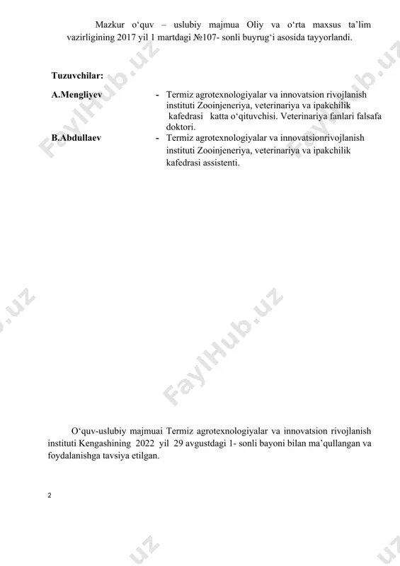 ta) v fan bo‘yicha baholash me’zonlari vi fan bo‘yicha tarqatma materiallar vii o‘umning elektron varianti fanning o‘quv materiallari: 1-ma’ruza. vterinariyada ilmiy izlanish usullari faniga kirish, fanning predmeti va vazifalari. reja: 1. dastlabki tushunchalar. 2. ilmiy izlanishlarning algoritmi. 3. tadqiqotlarni o‘tkazish bosqichlarning mazmuni va amalga oshirish yo‘llari 4. respublikamiz agrosanoat majmuasi (asm) rivojlantirishda ilmiy tadqiqotlarning o‘rni. tayanch iboralar: ilm fanning ishlab chiqarishdagi o‘rni. fan tushunchasi. ilmiy tadqiqot. ilmiy izlanishlarning algoritmi. obhekt. vazifa. modelning ifodalanishi. eksprement va uni bajarish. tadqiqotlar o‘tkazish bosqichlari. tahlil(analiz). sintez. korrektsiya(to‘g’rilash). natijani ifodalash. ishlab chiqarishga tavsiya etish. maruza maqsadi: ilmiy izlanishlarning umumiy algoritmi haqida tushunchaga ega bo‘lish. 1. dastlabki tushunchalar yurtimizning mustaqillik yillarida tahlim tarbiya tizimini isloh qilish, kadrlar tayyorlashni zamon talablari darajasiga ko‘tarish sohasida muhim chora-tadbirlar amalga oshirilmoqda. o‘zbekiston hukumati tahlimga islohotlarning barcha bosqichlari uchun ham ustuvor soha deb qarab kelmoqda. tahlimning bosh bo‘g’ini, bu fan va uning doimiy rivojlanishidir. shuning uchun ham, kadrlar tayyorlash milliy modelining …