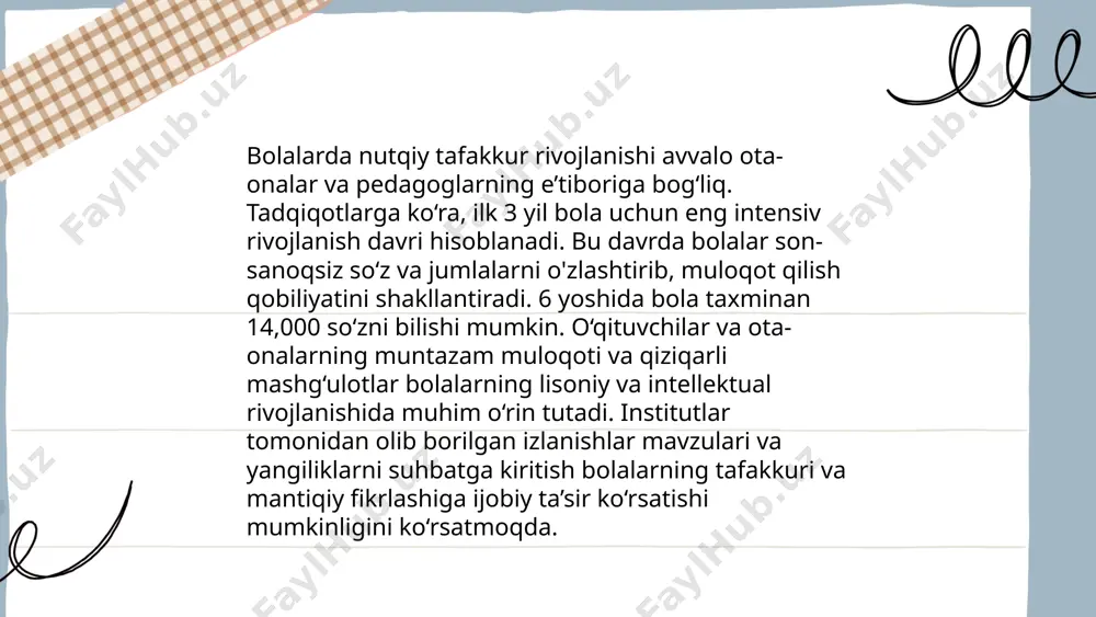 oladi. bu kompetensiya ko‘pincha maktab ta’limida, ayniqsa, ona tili va adabiyot darslarida shakllantiriladi va rivojlantiriladi. nutqiy tafakkur rivojlanishi muammolari abdullayva nasiba e'tiboringiz uchun raxmat! image1.png image2.png image3.png image4.jpg image5.png image6.jpg image7.jpg /docprops/thumbnail.jpeg