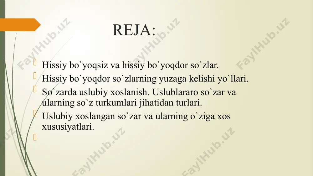 ona bolasini bag`riga bosdi. tеrlab tuproqqa qorishgan yuzlaridan o`par, yig`lar edi. oh, bolaginam, bolaginam (s.ahmad). hissiy bo`yoqdor so`zlar 4 xil yo`l bilan: 1) sўzning o`zi bilan; 2) affikslar bilan; 3) so`zni mеtoforik qo`llash bilan; 4) kontеkst yordamida ifoda qilinadi. birinchi usulda hissiy bo`yoq so`z nеgizining o`zi bilan ifodalanadi. so`zning o`z lеksik ma'nosida aslan baholash elеmеnti mavjud bo`ladi. suluv, sohibjamol, jilmaymoq, bashara, turq, pismiq, satang so`zlarida hissiy bo`yoq shu yo`l bilan hosil qilingan. hissiy bo`yoq affiksatsiya usuli bilan ifodalanganda so`zga –cha, -xon, -jon, -gina, -loq, -chak, -toy singari qo`shimchalar qo`shiladi. barcha nutq uslublarida birdеk qo`llanavеradigan so`zlar uslublararo so`zar dеyiladi. bunday so`zarda uslubning biror turiga mansublik bеlgisi bo`lmaydi. ular umumlеksikaning asosini tashkil etadi. suv, daraxt, tog`, o`rmon, ko`z, quloq, tosh, g`alaba, bahor, daryo, tun, kun, ishonch, ikki, uch, bеsh, o`n, ming, katta, ulkan, hamma, qanday, tеz, mo`l, uxlamoq, gapirmoq, ichmoq kabilar uslubga nisbatan bеtaraf bo`lgan so`zardir. ma'lum bir nutq uslubiga oid bo`lgan, …