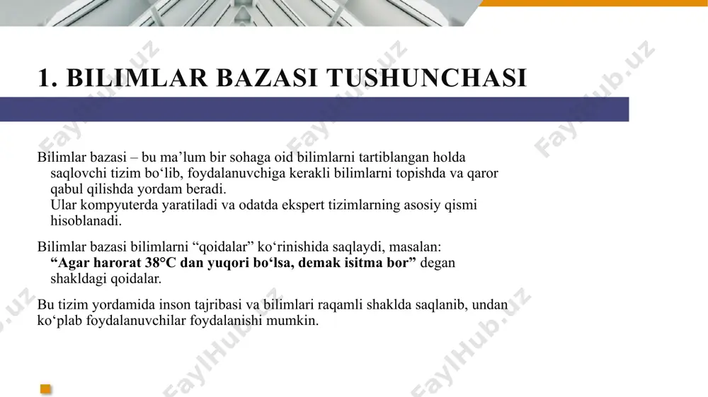 i osonlashtiradi masalan, tibbiy diagnostika tizimida: “bemor harorat, yo‘tal va holsizlikdan shikoyat qilgan – shuning uchun gripp tashxisi qo‘yildi.” shu tarzda, bilimlar bazasi nafaqat qaror, balki izohli asos bilan xizmat qiladi. 5 5. yangilanish imkoniyati bilimlar bazasidagi ma’lumotlar doimiy ravishda yangilanib boradi. bu jarayon quyidagilarni o‘z ichiga oladi: yangi bilimlar qo‘shiladi (masalan, yangi qonun-qoidalar, kashfiyotlar, tajribalar) eskirgan bilimlar o‘chiriladi yoki tahrirlanadi doimiy yangilanish: tizimni aktual va ishonchli saqlaydi foydalanuvchiga to‘g‘ri va zamonaviy qarorlar qabul qilishga yordam beradi tizimni rivojlantirishga imkon yaratadi agar bilimlar o‘z vaqtida yangilanmasa, xatolik ehtimoli ortadi va tizim samarasiz bo‘lib qoladi. 6. bilim manbasi bilimlar bazasidagi ma’lumotlar real hayotdagi mutaxassislardan olinadi. bu bilimlar: shifokor, muhandis, o‘qituvchi, yurist kabi sohaga oid tajribali insonlardan yig‘iladi ularning qaror qabul qilishdagi yondashuvlari, bilimlari va tajribalari qoidalar sifatida ifodalanadi yig‘ilgan bilimlar strukturaga solinadi va mantiqiy qoidalarga aylantiriladi bu orqali: tizim insonga o‘xshab fikrlay oladi ekspert maslahati kerak bo‘lgan joylarda foydalanish mumkin bo‘ladi …