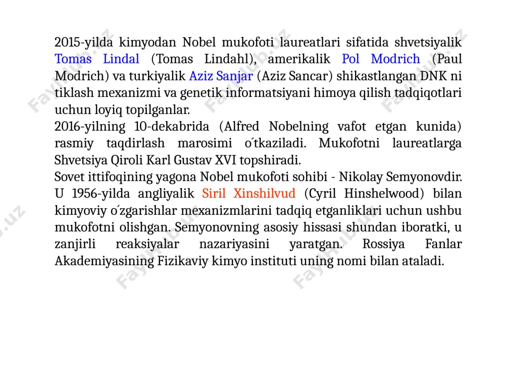 tomonga buriladi. 3-rasm. feringening molekulyar motorini ishlash prinsipi. ub – nurlanish vaqtida har safar 180° ga burilish sodir bo´ladi, buning natijasida esa qo´shbog´ qaytariladi va yanada zo´riqqan (напряженная) molekula hosil bo´ladi. ushbu zo´riqishni yo´qotish uchun molekula issiqlik energiyasi hisobiga yana ozgina aylanadi va keyingi nurlanish davomida aylanish uchun faqat bitta yo´l qoldiradi. 2014-yilda ko‘rsatilganidek, qisman modifikasiyalangan motor 1 soniyada 12 millionta aylanma harakat qilishi mumkin (j. vachon va b., 2014). feringa motorini bundan ham chiroyli tarzda oltin yuzasidagi „nanomashina“ ko‘rinishida tasvirlash mumkin (4-rasm). uzun molekulaga g‘ildirak shaklida bog‘langan 4 ta motor bir tomonga aylanadi va „mashina“ oldinga harakatlanadi. 4-rasm. oltin yuzasidagi nanomashina. hozirgi vaqtda ub- nurlari o‘rniga yorug‘lik nuri bilan faollashtirish mumkin bo‘lgan molekulyar motorni ishlab chiqish ustida tadqiqotlar olib borilmoqda. bu motor yordamida quyosh energiyasini mexanik energiyaga aylantirish mumkin bo‘ladi, bu esa elektr energiyani minimallashtiradigan mutlaqo tenggi yo‘q usuldir. yaqinda (2016) amerika kimyo jamiyati jurnalida (journal of the american …