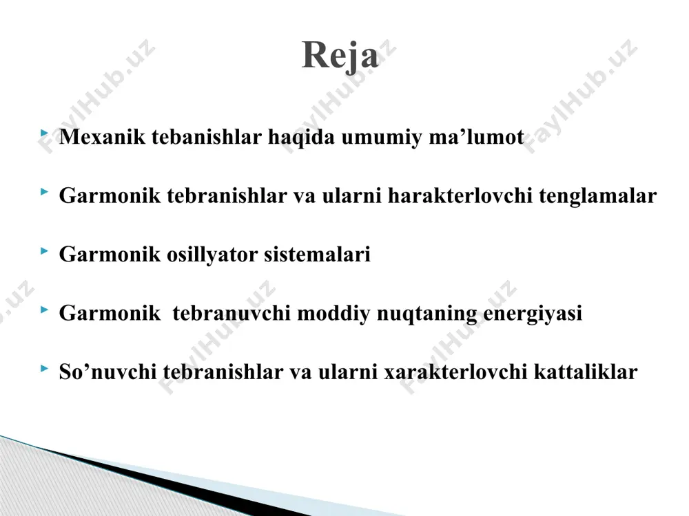 differensial tenglamasi bilan tavsiflanadi garmonik osillyator sistemalari garmonik tebranayotgan moddiy nuqtaning harakat tenglamasi, tezligi, tezlanishi va unga ta’sir qiluvchi kuch garmonik tebranayotgan moddiy nuqtaning kinetik energiyasi: moddiy nuqtaning potensial energiyasining kamayishi hisobiga ish bajariladi shuning uchun ya’ni 0 dan biror x masofaga jo’zilgan prujinaning to’liq potensial energiyasi to’liq energiya garmonik tebranuvchi moddiy nuqtaning energiyasi tebranish sistemasida energiya yo’qotilishi tufayli, vaqt o’tishi bilan tebranishlarni bosqichma-bosqich zaiflashib borishiga tebranishlarning so’nishi deb ataladi. chiziqli sistema erkin so’nuvchi tebranishlarining differensial tenglamalari quyidagi ko’rinishga ega amplituda so’nuvchi tebranishlarning bir davrida tebranishlar amplitudasining necha barobar kamayishini ko’rsatuvchi kattalikka so’nish dekrimenti deb ataladi uning logarifimi esa, so’nishning logarifimik dekrimenti deb ataladi so’nuvchi tebranishlar va ularni xarakterlovchi kattaliklar so’nuvchi tebranishlar sistemasining aslligi. tebranish aslligi, tebranish energiyasining bir davr ichida necha marta kamayishini ko’rsatadi so’nuvchi tebranishlar va ularni xarakterlovchi kattaliklar e’tiboringiz uchun rahmat image1.jpeg image2.wmf image3.wmf image4.wmf image5.wmf oleobject4.bin image7.png image6.png oleobject1.bin oleobject2.bin oleobject3.bin image8.wmf image9.wmf image10.wmf image11.wmf image12.wmf …