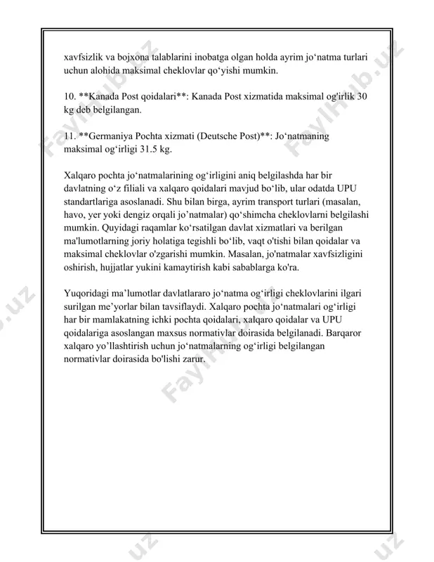 tik samaradorlikni ta'minlashda muhim rol o'ynaydi. har bir usulning o'ziga xos afzalliklari va kamchiliklari bor, shuning uchun ularning kombinatsiyasidan foydalanish ko'p hollarda eng yaxshi natijalarni beradi. shu bilan birga, yangi texnologiyalar va avtomatlashtirilgan tizimlar jo'natmalarni o'lchash jarayonlarini yanada tezlashtiradi va aniqroq qiladi. umuman olganda, jo'natmalarni o'lchashning yuqorida ko'rsatilgan usullari logistika, pochta xizmatlari, e-tijorat va boshqa ko'plab sohalarda keng qo'llaniladi va samarali boshqaruvni ta'minlashda muhim ahamiyatga ega. 4. o'lcham va og'irlik bo'yicha xalqaro standartlar albatta, sizga "4. o'lcham va og'irlik bo'yicha xalqaro standartlar" mavzusi yuzasidan ma'lumotlarni taqdim etaman. xalqaro o'lcham va og'irlik bo'yicha standartlar tizimi butun dunyo bo'ylab bir xil o'lchovlar va miqdorlar bilan muomalaga kirishni ta'min lovchi muhim tizimdir. ushbu tizimni birliklarni xalqaro sistema (si) deb atashadi, u frantsiya milliy institutida 1960-yilda tashkil etilgan. si tizimi quyidagi asosiy o'lchov birliklarini o'z ichiga oladi: 1. massa - kilogramm (kg) - kilogramm 1889-yilda xalqaro o'lchov va og'irliklar birodarlashuvi (cgpm) tomonidan asosiy massa …