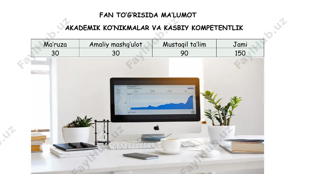 yoritib berish; talabalarga akademik ko‘nikmalarni rivojlantirish yo‘llari yuzasidan tavsiyalar berish; talabalarda o‘z-o‘zini boshqarish va samaradorlik uchun javobgarlik hissini uyg‘otish; talabalarda mustaqil ta’lim olish jarayonini samarali tashkil etish ko‘nikmalarini shakllantirish; talabalarning jamoada ishlash ko‘nikmalarini rivojlantirishga ko‘maklashish; ta’lim olish va kasbiy faoliyatni rivojlantirishda kreativ fikrlashning o‘rni haqida fikr yuritish; iqtisodchi mutaxassis uchun talab qilinadigan umumiy va kasbiy ko‘nikmalar bilan talabalarni tanishtirish. 1. akademik ko‘nikmalar va kasbiy kompetentlik fanining dolzarbligi maqsad va vazifalari. 2. akademik ko‘nikmalar va ularning mohiyati. 3. shaxsiy akademik faoliyat va uning mohiyati. 4. pedagogika fanida “academic skills” atamasining assimilyatsiyasi. bugungi darsda: akademik ko'nikmalar va kasbiy kompetentlik fanining dolzarbligi, maqsad va vazifalari 1 dolzarbligi o'qish, yozish, fikrlash, muloqot qilish kabi muhim ko'nikmalarni rivojlantirish talabalarning akademik va kasbiy muvaffaqiyatiga asosdir. 2 maqsad talabalarda bilim, ko'nikma va kompetentliklarni shakllantirib, ularga egallash yo'llarini ko'rsatib berish. 3 vazifalar talabalarda mustaqil fikrlash, muammolarni yechish, ijodiy yondashuv ko'nikmalarini rivojlantirish. 6 akademik ko'nikmalar va ularning mohiyati mohiyati …