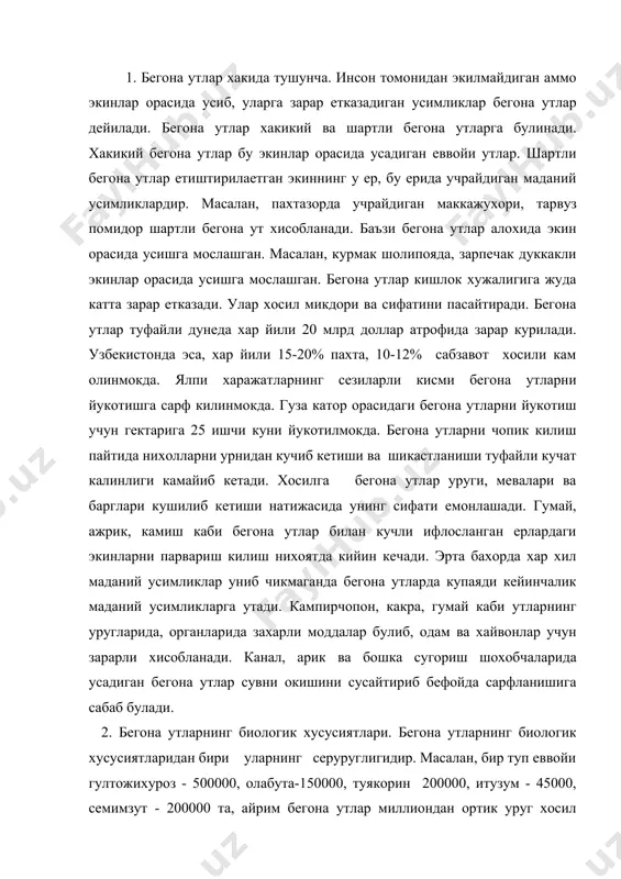 биологик хусусиятлари. бегона утларнинг биологик хусусиятларидан бири уларнинг серуруглигидир. масалан, бир туп еввойи гултожихуроз - 500000, олабута-150000, туякорин 200000, итузум - 45000, семимзут - 200000 та, айрим бегона утлар миллиондан ортик уруг хосил килади, маданий усимликларнинг купчилигининг уруглари сони эса 200-300 тадан ошмайди. бегона утларнинг уруги унувчанлигини узок йиллар давомида саклайди. тажриба маълумотлари буйича семизут уруги 40 йил, тугмачагул 57 йилдан кейин унувчанлик кобилиятини 6-18,2% саклаган, иткунок уруги-29°с совукда, янтокники +85-95°с иссикда унувчанлигини йукотмаган. буни уларнинг уруги сув, хаво утказмайдиган махсус кобикка уралганлиги билан изохлаш мумкин. олабута етилганлик даражаси хар хил булган уруглар килади. йирик окиш уруглар биринчи йили, майда жигаррангли уруглар иккинчи йили, майда калин пустли кора ялтирок уруглар эса учинчи йили униб чикади. бегона утларнинг уруги хар хил муддатларда униб чикаверади, шунинг учун далаларда йил давомида бегона утларни учратиш мумкин. агар улар бир вактда униб чикканда эди, уларни йукотиш анча осон булар эди. бетона утларнинг купайиши ва таркалиши. …