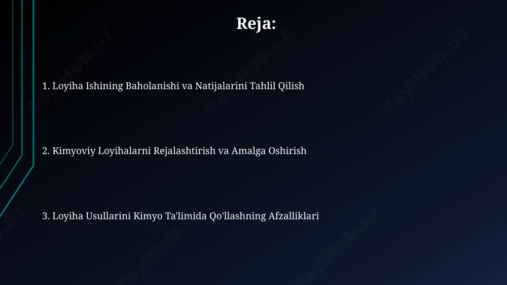 larda sezilarli darajada oshiradi. kimyoviy loyihalar, masalan, suvning ifloslanishi muammosini 3 oydan kamroq vaqt ichida hal qilishga qaratilgan tadqiqotlar, talabalarda muhim muammolarni aniqlash va echimlarni topish qobiliyatini rivojlantiradi va ularning 70% da mustaqil fikrlashni shakllantiradi. loyiha usullarining turlari va ularning xususiyatlari loyiha usullarining bir turi bo'lmish "inkor qilish orqali tasdiqlash" usuli (falsifikatsiya) talabalarga 10 ta turli xil kimyoviy reaksiyalarni, masalan, 5 ta kislota-asos reaksiyasi va 5 ta oksidlanish-qaytarilish reaksiyasini o'rganish va ularning natijalarini tahlil qilish orqali 3 ta asosli farazni yaratishni o'rgatadi "modellarni yaratish" usulida talabalar kompyuter dasturlari yordamida suvning 3 ta fazaviy o'tish jarayonini modellashtirib, 15 ta parametrni hisoblab chiqib, nyu-yorkdagi ma'lumotlar bazasidagi haqiqiy ma'lumotlar bilan taqqoslashlari mumkin. loyihalarni baholash mezonlari va usullari o‘quvchilarning amaliy ko‘nikmalarini baholash uchun 3 ta asosiy mezon qo‘llaniladi: tekshirish, tahlil qilish va xulosa chiqarish, har bir mezon 10 ball bilan baholanadi. qo‘shma shtatlardagi maktablar tajribasidan foydalanish mumkin. loyiha bajarish jarayonini kuzatish uchun 10 kunlik …