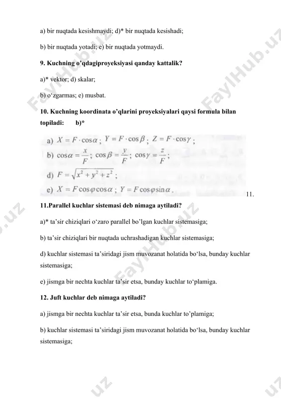 emasi deb nimaga aytiladi? a) jismga bir nechta kuchlar ta’sir etsa, bunday kuchlar to‘plamiga; b) ta’sir chiziqlari bir-biriga parallel bo‘lgan kuchlar sistemasiga; d)* jismga ta’sir etuvchi kuchlar bir tekislikda yotsa, unga; e) ta’sir chiziqlari fazoda ixtiyoriy joylashgan kuchlar sistemasiga. 18. kuchlar sistemasining bosh vektorini qaysiformula yordamida topish mumkin? e)* 19. tekislikdagi kuchlar sistemasi muvozanati shartlarining analitik ifodasi? b)* 20. fazoviy kuchlar sistemasi deb nimaga aytiladi? a)* ta’sir chiziqlari fazoda ixtiyoriy joylashgan kuchlar sistemasiga; b) bir nuqtada ta’sir chiziqlari kesishuvchi kuchlar sistemasiga; d) ta’sir chiziqlari bir-biriga parallel bo’lgan kuchlar sistemasiga; e) jismga ta’sir etuvchi kuchlar bir tekislikda yotgan kuchlar sistemasiga. 21. fazodagi kuchlar sistemasi muvozanatining analitik shartining ifodasi: d)* 22. statik aniq masala deb nimaga aytiladi? a)* berilgan masalada noma’lumlar soni muvozanat tenglamalari soniga teng bo‘lsa; b) agar masalada noma’lumlar soni muvozanat tenglamalari sonidan ortiq bo’lsa; d) fermalaming bironta sterjeni olib tashlanganda, uning bikirligi o‘zgarsa; e) fermalaming bironta sterjeni olib tashlanganda, …