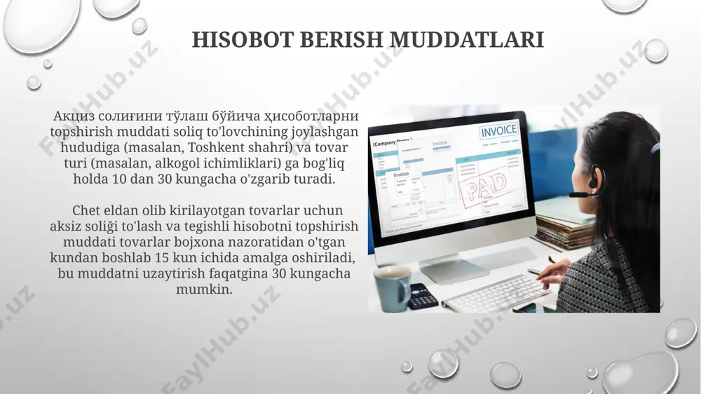 n hisobot topshirish jarayoni, soliq toʻlovchilarning shaxsiy kabinetlari orqali 2023-yil 1-yanvardan boshlab amalga oshiriladi va bu jarayon toshkent shahri va viloyatlar bo'ylab bir xil tarzda qo'llaniladi. elektron hisobotni topshirish muddati, har oyning 15-kunigacha belgilangan bo'lib, kechiktirilgan topshirilish uchun 1000 so'm miqdorida jarima qo'llaniladi. soliq inspektsiyasi bilan o'zaro munosabatlar soliq inspektsiyasi bilan muloqotda aniq va to'liq hujjatlar, jumladan, 2-ilova shaklidagi to'lov hujjatlari va andijon viloyati bo'yicha soliq organlariga topshirilgan boshqa tegishli hujjatlar taqdim etilishi kerak. soliq inspektsiyasi bilan elektron hisobotlarni topshirish orqali, masalan, 1-sonli shakl bo'yicha, toshkent shahridagi soliq organlariga axborotlarni o'z vaqtida taqdim etish muhim ahamiyatga ega. bank orqali to'lov ўзбекистон республикаси давлат солиқ қўмитасининг 2022 йил 15-сонли фармойишига асосан, акциз солиғини банк орқали тўлашда 100 000 сўмдан ортиқ бўлган тўловлар учун банкдан тўлов топшириғининг расмий тасдиғи олиш талаб этилади ва бу топшириқнинг электрон нусхаси сақланиши шарт. банк орқали акциз солиғини тўлашда 2023 йилдан бошлаб электрон тўлов тизимлари, хусусан, click …