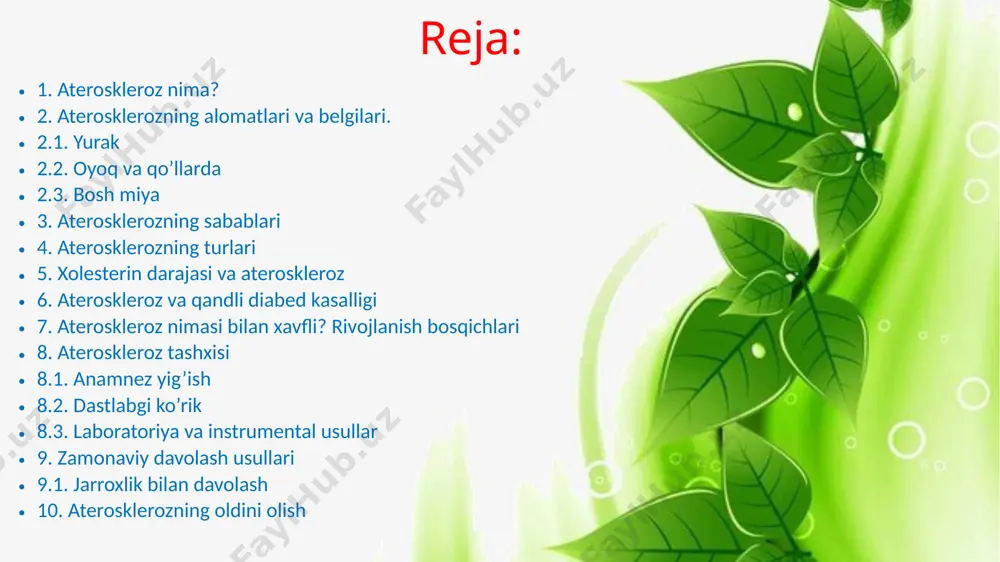 qilish muhimdir. 2.2. oyoq va qo’llarda qo’lda yoki oyoqlarda sovuqlik his qilish; qo’llar yoki oyoqlar uzoq vaqt davomida bir xil noqulay vaziyatda bosilib qolgani kabi, ya’ni oyoq-qo’llarning uyushib qolishi; terining oqimtirligi: teri oqimtir tusda bo’ladi va tomir naqshlari aniq ko’rinadi (terining marmar rangi). 2.3. bosh miyada bu a’zo oziqlanish kasalliklariga eng sezgirdir, ammo asosiy alomatlar nafaqat aterosklerozga xos bo’lishi mumkin. masalan miyaning qon aylanishi bilan bog’liq muammolar osteoxondroz, vertebrobazilyar yetishmovchilik va boshqa kasalliklarda kuzatiladi. 3. aterosklerozning sabablari jins. erkaklar ateroskleroz rivojlanishiga ayollarga nisbatan ko’proq moyil bo’lishadi. yosh. bu tabiiy xavf omilidir. yosh o’tishi bilan aterosklerotik jarayonlar kuchayadi. irsiyat. albatta, bu ham ateroskleroz paydo bo’lishining sabablaridan biridir. zararli odatlar. chekish — tana uchun zaharidir. bu odat ateroskleroz rivojlanishining yana bir sababchisi. ortiqcha vazn. bu omil ateroskleroz yuzaga kelishi ehtimolligini oshiradi. noto’g’ri ovqatlanish. yog’li, zararli taomlar asosiy xavf omilidir. 4. aterosklerozning turlari yurak tomirlari (koronar arteriyalar) aterosklerozi. aortal shakli. buyrak tomirlarining aterosklerozi. …
