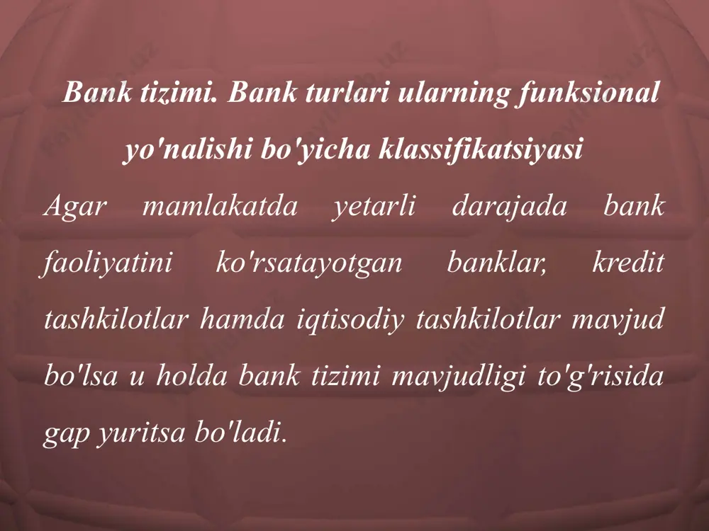 r. adabiyotlar ro`yxati: o’zbekiston respublikasi moliyaviy qonunlari. - t.: 1998, 1999. o’zbekiston respublikasi vazirlar mahkamasining qarori. bank tizimini isloh qilish chora tadbirlari to’g`risida. t.: 1999 yil 15 yanvar. o’zbekiston respublikasining markaziy banki to’g`risidagi qonuni. - t.: sharq,1997. - 47 b. banklar va bank faoliyati tug`risida. uzbekiston respublikasining qonuni. t. sharq, 1997. 48b. image9.jpeg image10.jpeg image11.jpeg image12.jpeg image13.jpeg image14.jpeg image1.jpeg image2.jpeg image3.jpeg image4.jpeg image5.jpeg image6.jpeg image7.jpeg image8.jpeg /docprops/thumbnail.jpeg