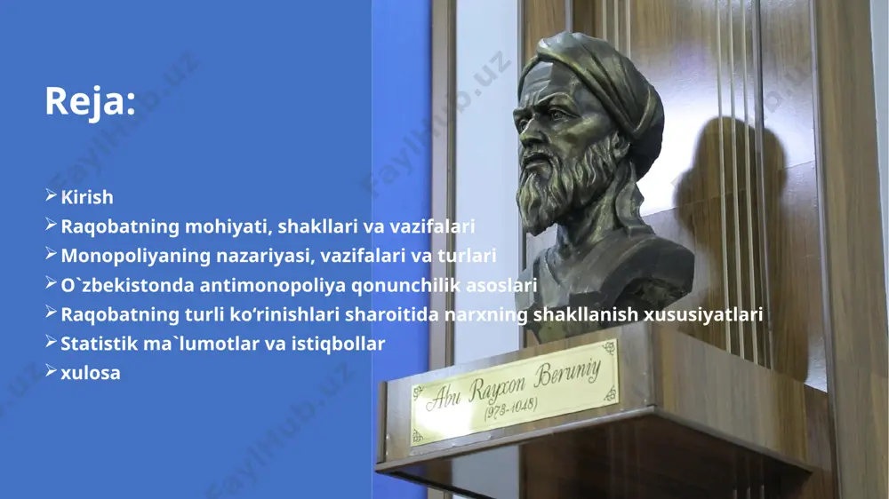 bo‘ladi. erkin raqobat sharoitida yangi korxonalar tarmoqqa erkin kirishi, tarmoqda mavjud bo‘lgan korxonalar esa uni erkin tashlab chiqishi mumkin. monopolistik raqobat o‘z ichiga ham monopoliya, ham raqobat unsurlarini oladi. bunda tarmoqdagi bir turdagi mahsulotning o‘nlab ishlab chiqaruvchilari bir-birlari bilan qulay narx hamda ishlab chiqarish hajmiga erishish borasida raqobatlashadilar. monopolistik raqobat sof monopoliya sof monopoliyada tarmoq bitta firmadan iborat bo‘lishi sababli, u mavjud mahsulot (xizmat)ning yagona ishlab chiqaruvchisi hisoblanadi va yakkahukmronlik shakllanadi. monopoliya sharoitida firma narx ustidan sezilarli nazoratni amalga oshiradi. buning sababi oddiy. u mahsulot (xizmat)ning yagona ishlab chiqaruvchisi hisoblanadi va demak, taklifning umumiy hajmi ustidan nazorat qiladi. oligopoliya oligopoliya – tarmoqda u qadar ko‘p bo‘lmagan korxonalarning mavjud bo‘lishi va hukmronlik qilishidir. ko‘pchilik sanoat mahsulotlari: po‘lat, mis, alyuminiy, qo‘rg‘oshin, temir va shu kabilar – fizik ma’noda bir turdagi mahsulotlar hisoblanadi va oligopoliya sharoitida ishlab chiqariladi.iste’molchilik tovarlari: avtomobillar, yuvish vositalari, sigaretlar, maishiy elektr buyumlari va shu kabilarni ishlab chiqaruvchi tarmoqlar tabaqalashagan …