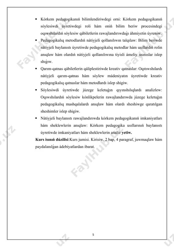ģın pedagogikalıq mashqalalardı anıqlaw hám olardı sheshiwge qaratılgan sheshimler islep shigiw. · nátiyjeli baylanıstı rawajlandırıwda kórkem pedagogikanıń imkaniyatları hám sheklewlerin anıqlaw: kórkem pedagogika usıllarınıń baylanıstı úyretiwde imkaniyatları hám sheklewlerin analiz yetiw. kurs isınıń dúzilisi:kurs jumisi. kirisiw, 2 bap, 4 paragraf, juwmaqlaw hám paydalanılǵan ádebiyatlardan ibarat. i-bap.nátiyjeli sóylesiw sırları hám onıń áhmiyeti. 1.1nátiyjeli sóylesiw túsinigi hám onıń zamanagóy jámiyettegi ornı nátiyjeli sóylesiwdi úyretiwdiń pedagogikalıq usılları. nátiyjeli sóylesiw - bul tek sózler hám sóz dizbekleriniń logikalıq jaqtan durıs jaylasıwı emes, al adamlar arasındaǵı baylanıstıń tolıq, anıq hám tásirsheń bolıwı degeni. ol tek ǵana tildiń grammatikalıq táreplerin emes, al barlıq kommunikativlik aspektlerdi, sonıń ishinde, emociyalar, óz-ara túsiniw hám sóylesiwdegi nyuanslardı óz ishine aladı. qarım-qatnas adamlardıń bir-biri menen óz-ara pikir alısıw, sezimlerin hám nietlerin bildiriw procesi sıpatında bárqulla jámiyettiń eń áhmietli hám ajıralmas bólimlerinen biri bolıp kelgen. negizinde, nátiyjeli pikirlesiw shaxstıń ómirinde tabısqa erisiw hám jámiette óz ornın tabıwda úlken áhmietke ie.zamanagóy jámiyette qarım-qatnastıń …