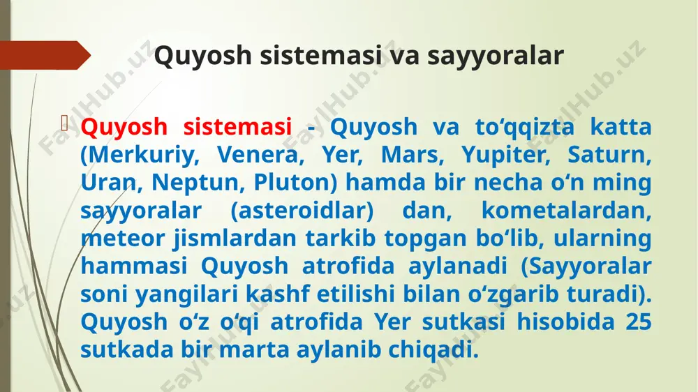doshi bor pluton yer osti qorong‘ulik xudosi nomi bilan ataladi. u 1960- yil kashf etilgan botsada, lekin quyoshdan uzoq joylashganligi sababli hali o‘rganilgan emas. taxminiy ma’lumotlarga ko‘ra plu­ton quyoshdan 5929 mln km uzoqda joylashib, o‘z o‘qi atrofida juda tez (6 sutka 9 soat 21 daqiqa 30 sekund ) aylanadi, aksincha quyosh atrofini sekin, ya’ni 249,7 yer sutkasida bir marta aylanib chiqadi. oy. oy osmon jismlari ichida yerga yaqin kosmik jismdir. oy yerning tabiiy yo‘ldoshi, uning diametrik yemikidan to‘rt marta, mas­sasi 81 marta kichik. oyning o‘rtacha zichligi 3,3 bo‘lib, yemikidan kamdir. oyda havo va suvning yo‘qligini so‘ngi vaqtlarda kuzatishlar tas- diqlamoqda. oyda bulut, tuman, kamalak yo‘q. shuningdek, oyda radiatsion mintaqalar yo‘q, lekin radioaktiv elementlar mavjud. eng…. eng katta sayyora – yupiter. mazkur sayyoraning ekvator bo`yicha aylanasi 142 984 km ga teng bo`lib, qutb aylanasi 133 708 km ni tashkil etadi. yerdan og`irligi 317,828 marta, hajmi esa 1323,3 marta kattadir. yupiterda bir …