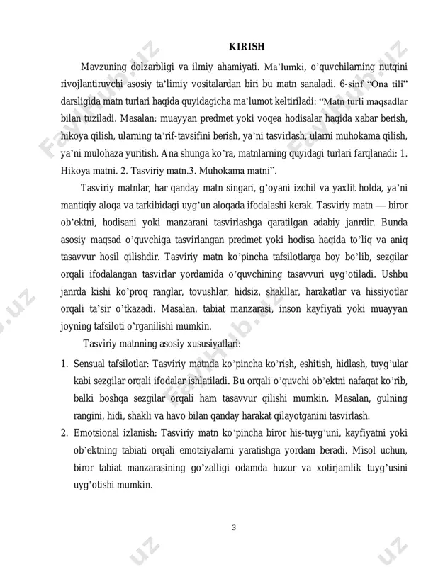 boyitilgan bo’ladi. bunda biz metafora, simvolika, epitet, so’z oʻyini va boshqa stilistik usullarni ko’ramiz, bular tasvirning chuqur hamda ta’sirli chiqishiga ko’maklashadi. 4.**kompozitsion tuzilma**: tasviriy matn kompozitsion jihatdan aniq tartibga ega bo’ladi. bunda matn kirish qismi, asosiy qism va xulosa yoki yakun qismdan tashkil topgan bo’ladi. 5. **vizual tasvir (vizualizatsiya)**: tasviriy matn amaliy san’atning ayrim jihatlari bilan ham bog’liqdir. masalan, ranglar, shakllar va o’lchamlarning ifodasi orqali o’quvchida muayyan tasavvurlar o’yg’otiladi. 6 6. **psixologik ta’sir**: tasviriy matnlar ko’pincha psixologik ta’sirga ega bo’lib, o’quvchini ma’lum hissiyotlarga olib boradi. bu orqali o’quvchi ma’lum bir vaziyat yoki holatni o’z ko’z o’ngida kechiradi. tasviriy matnlarning qo’llanilishi turli janrlarda keng tarqalgan. ular adabiyotda, masalan, qissa, roman, hikoya bo’lagida asosiy rol o’ynaydi. bunday matnlar tasviriy san’at asarlarini tahlil qilishda ham qo’llaniladi, bunda tasvir anorezli va tafqiy qilib ko’riladi, ya’ni ular muallifning shaxsiy hislari va dunyoqarashi bilan bog’liq bo’lishi mumkin. shuningdek, tasviriy matnlar turli fanlar, jumladan, arxeologiya, etnologiya va …